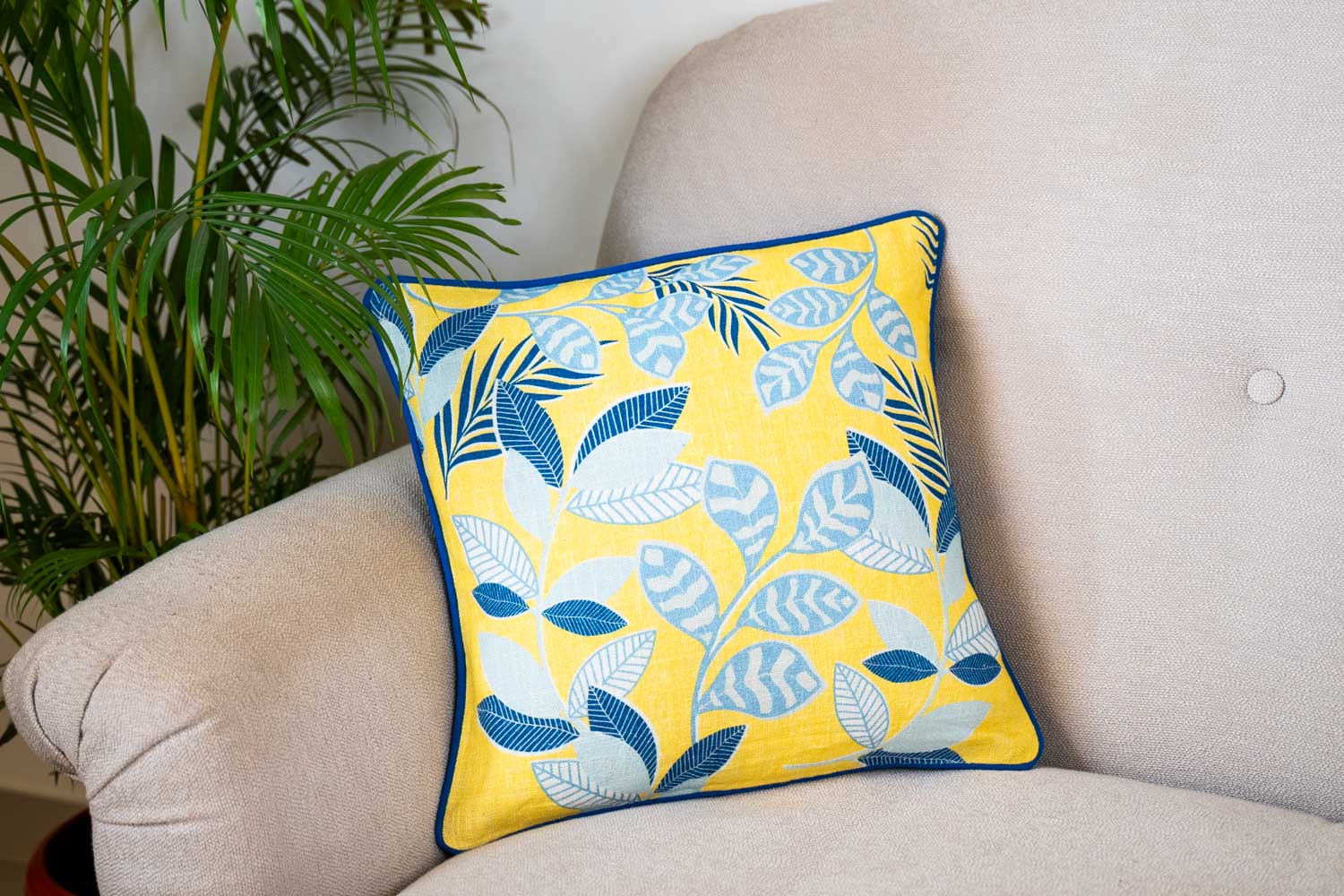 Bright Yellow & Blue Leaf Pattern Cushion Cover (Set of 2)