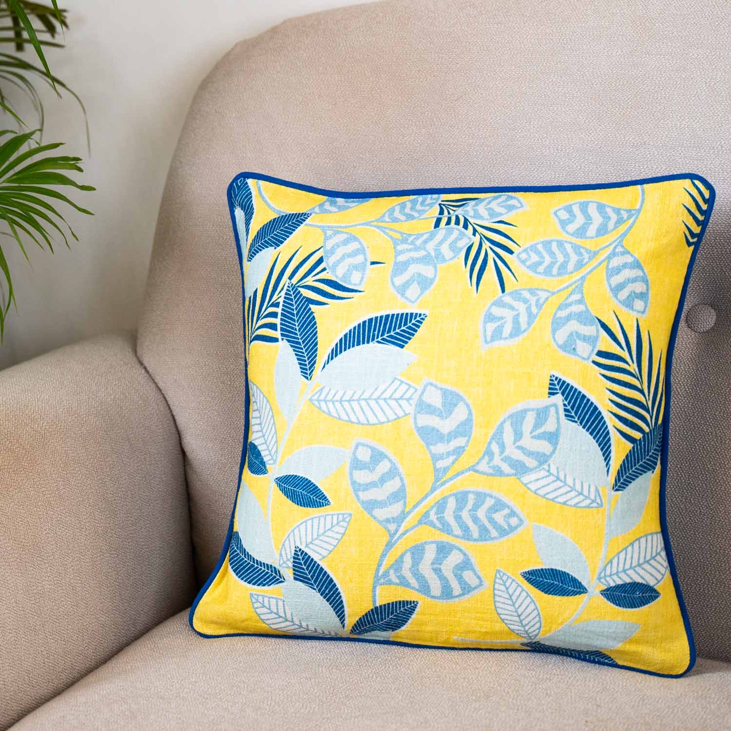 Bright Yellow & Blue Leaf Pattern Cushion Cover (Set of 2)