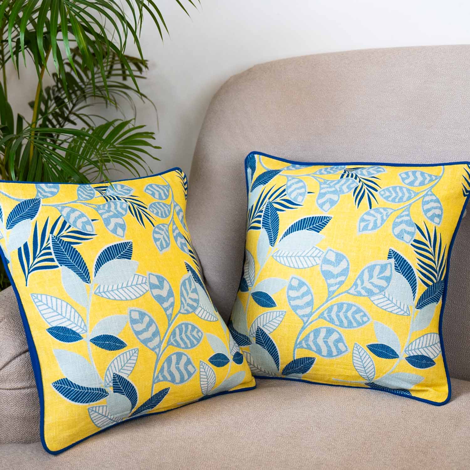 Bright Yellow & Blue Leaf Pattern Cushion Cover (Set of 2)