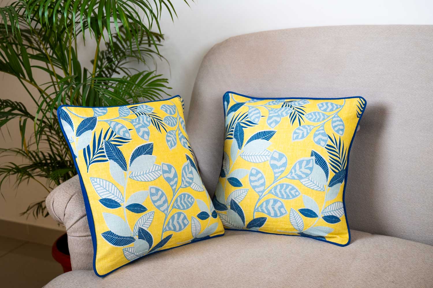 Bright Yellow & Blue Leaf Pattern Cushion Cover (Set of 3)