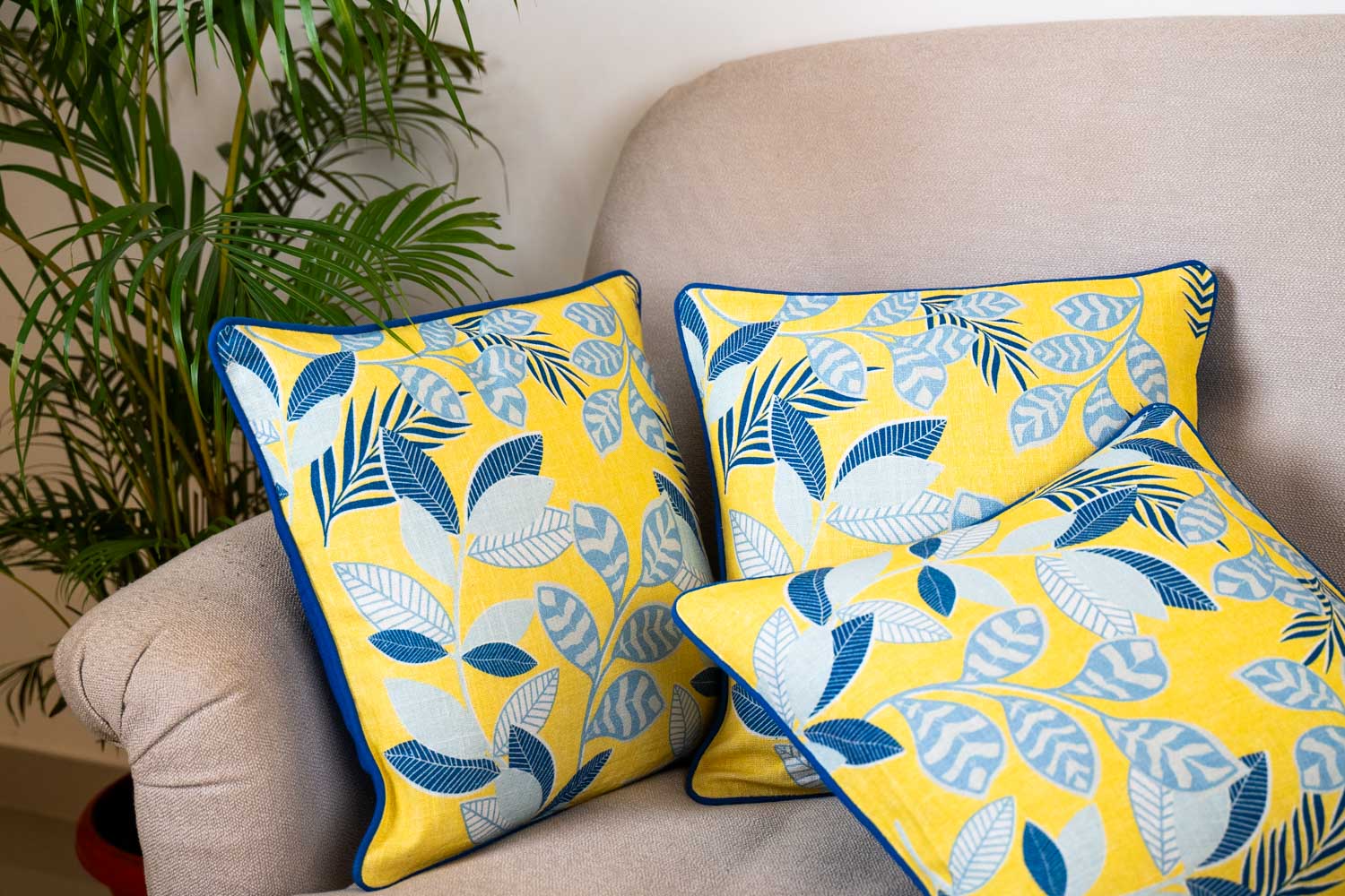 Bright Yellow & Blue Leaf Pattern Cushion Cover (Set of 3)