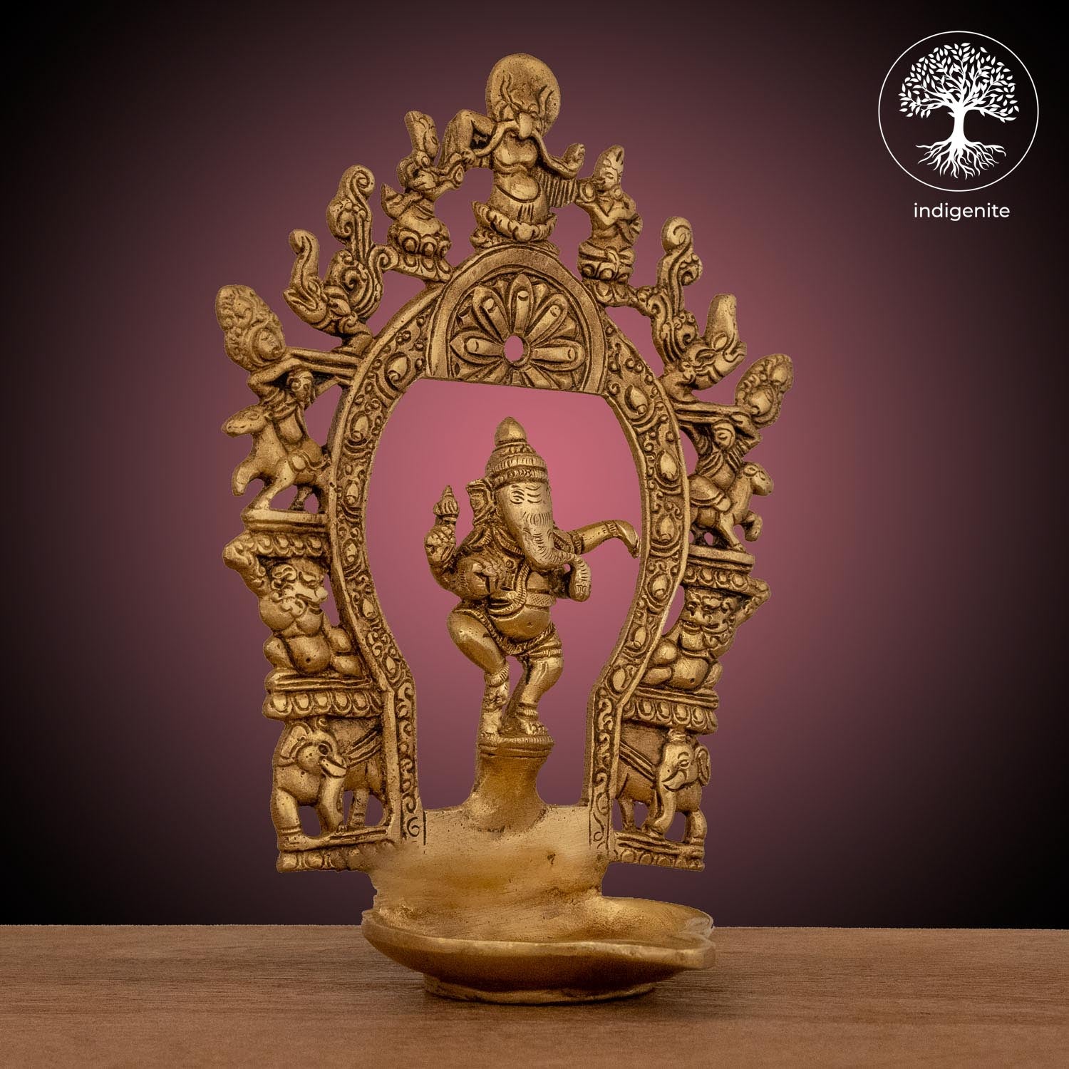 Dancing Ganesh Diya with Prabhavali Frame - Brass Decorative