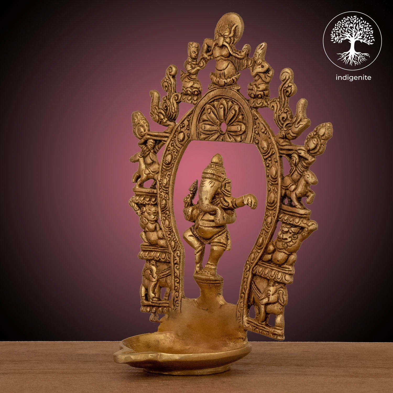 Dancing Ganesh Diya with Prabhavali Frame - Brass Decorative