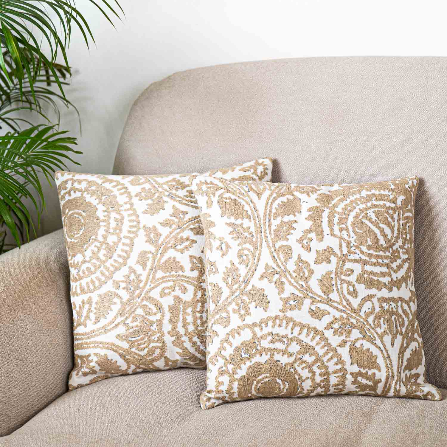 Elegant Beige Embroidered Cushion Cover (Set of 2)