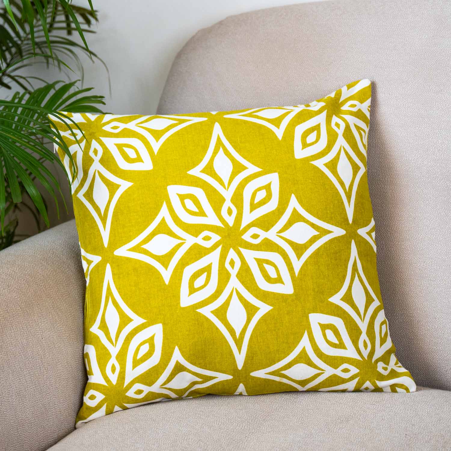 Geometric Yellow & White Cotton Cushion Cover