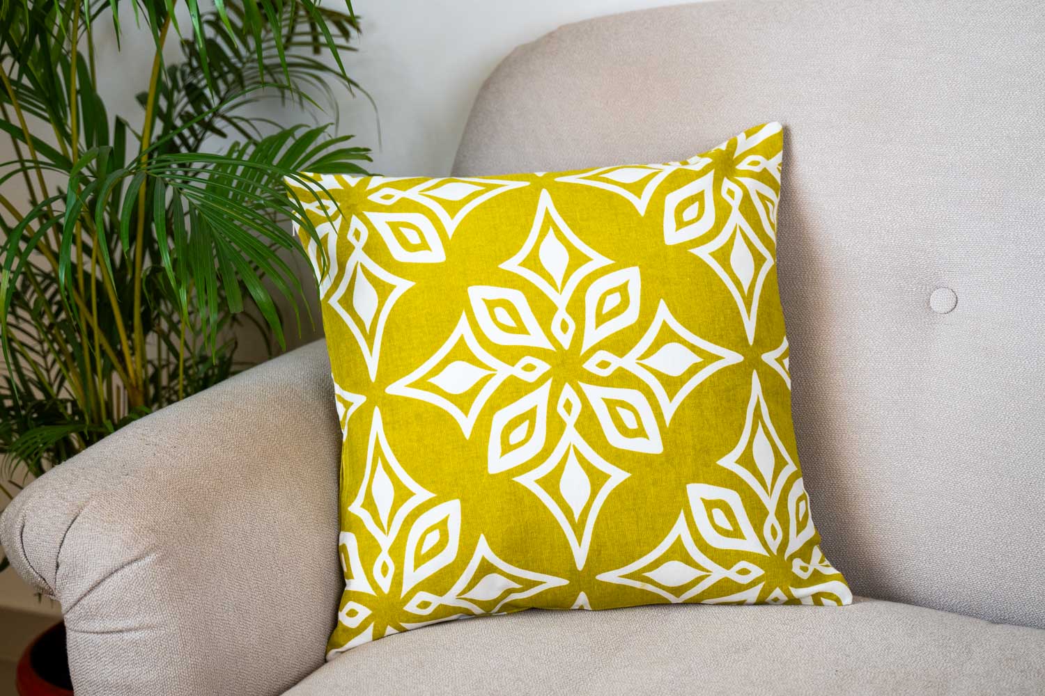 Geometric Yellow & White Cotton Cushion Cover