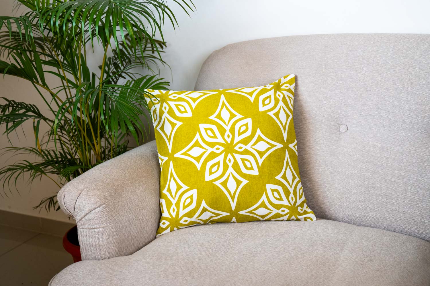 Geometric Yellow & White Cotton Cushion Cover