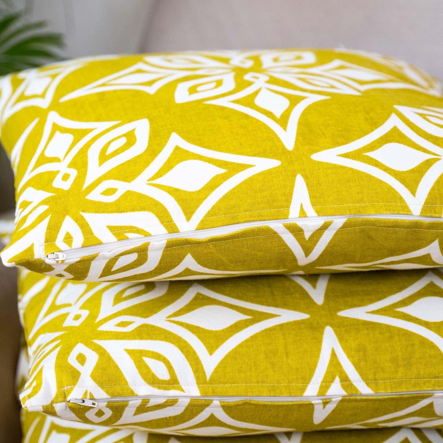 Geometric Yellow & White Cotton Cushion Cover