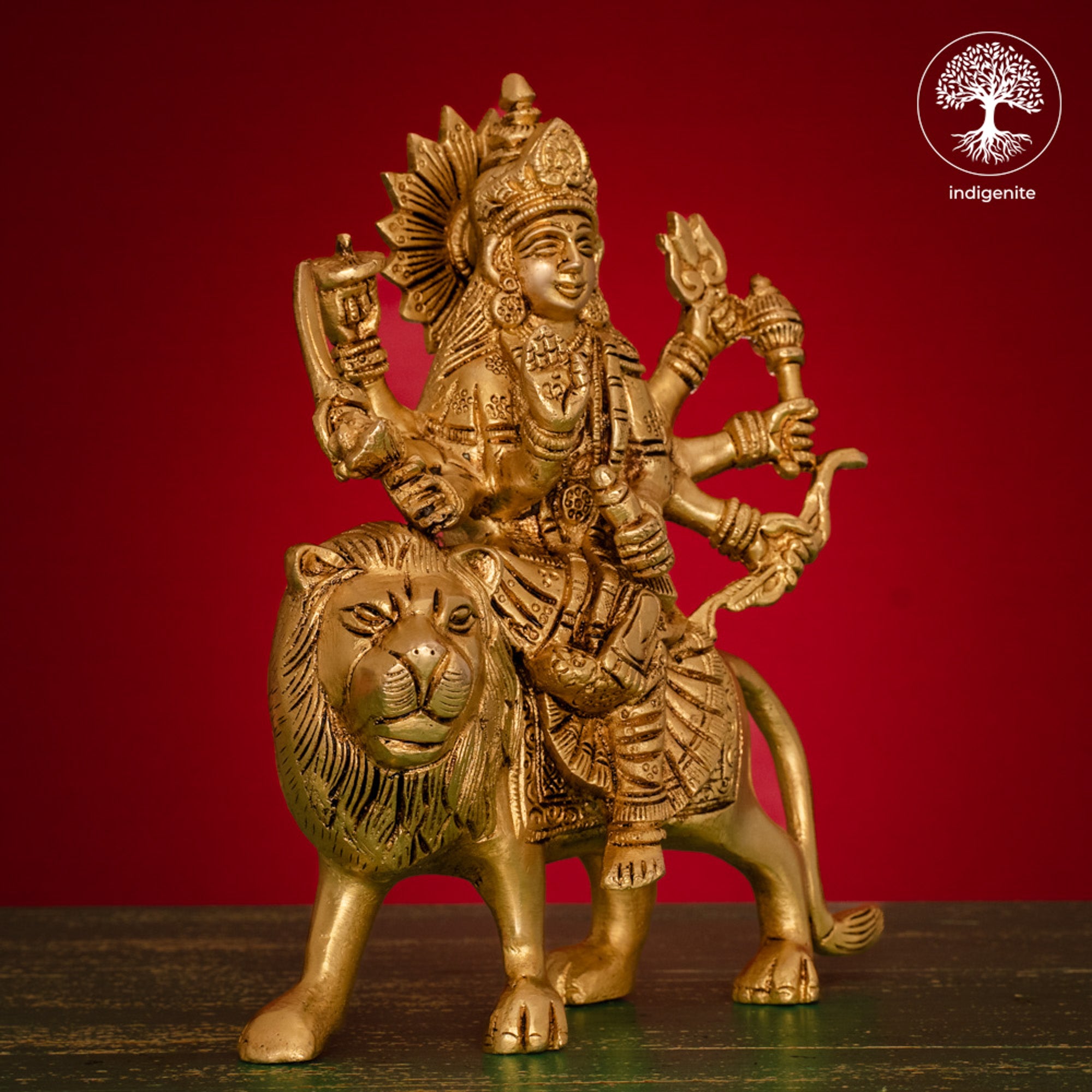 Goddess Durga Idol on Lion - Brass Statue | 8 Inch