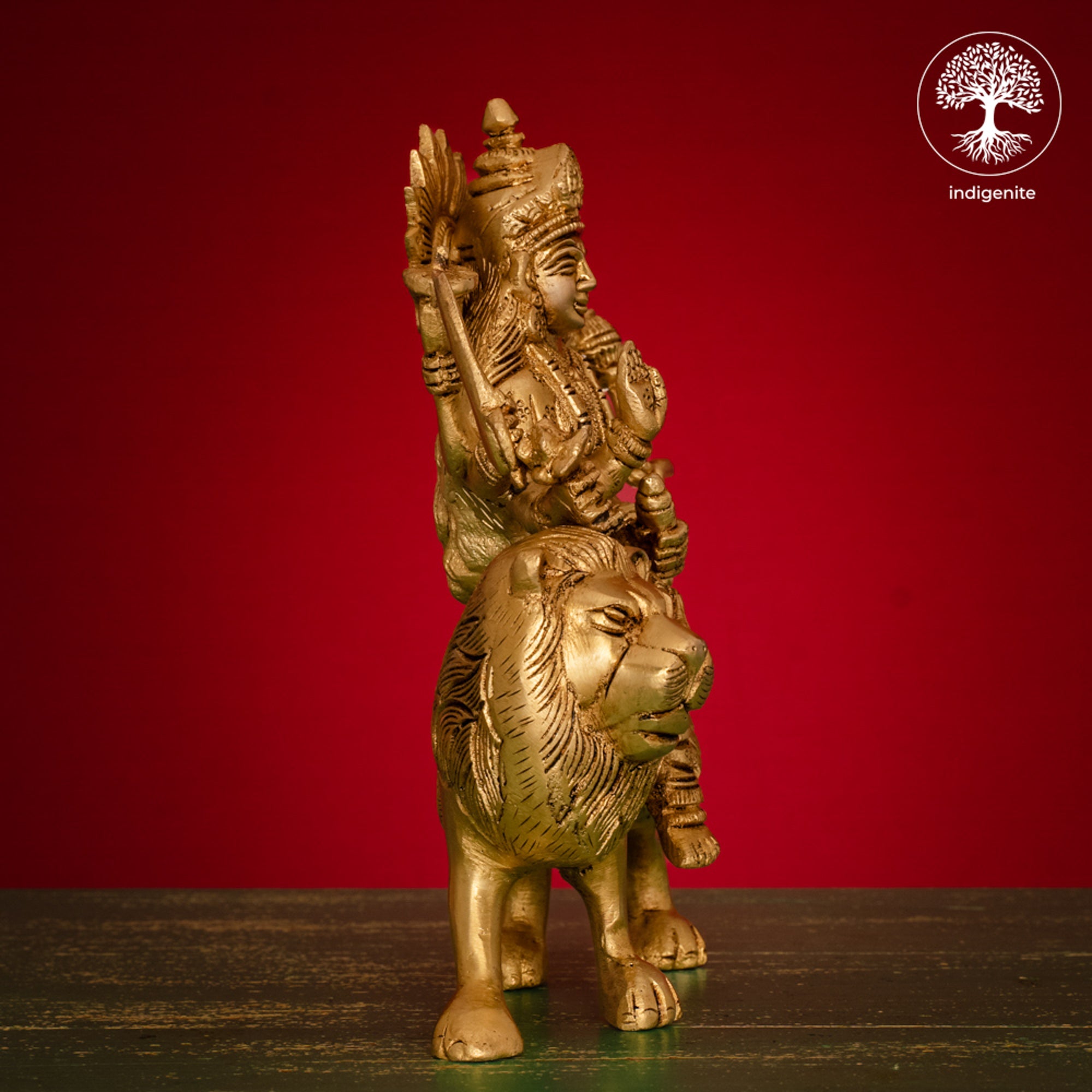 Goddess Durga Idol on Lion - Brass Statue | 8 Inch