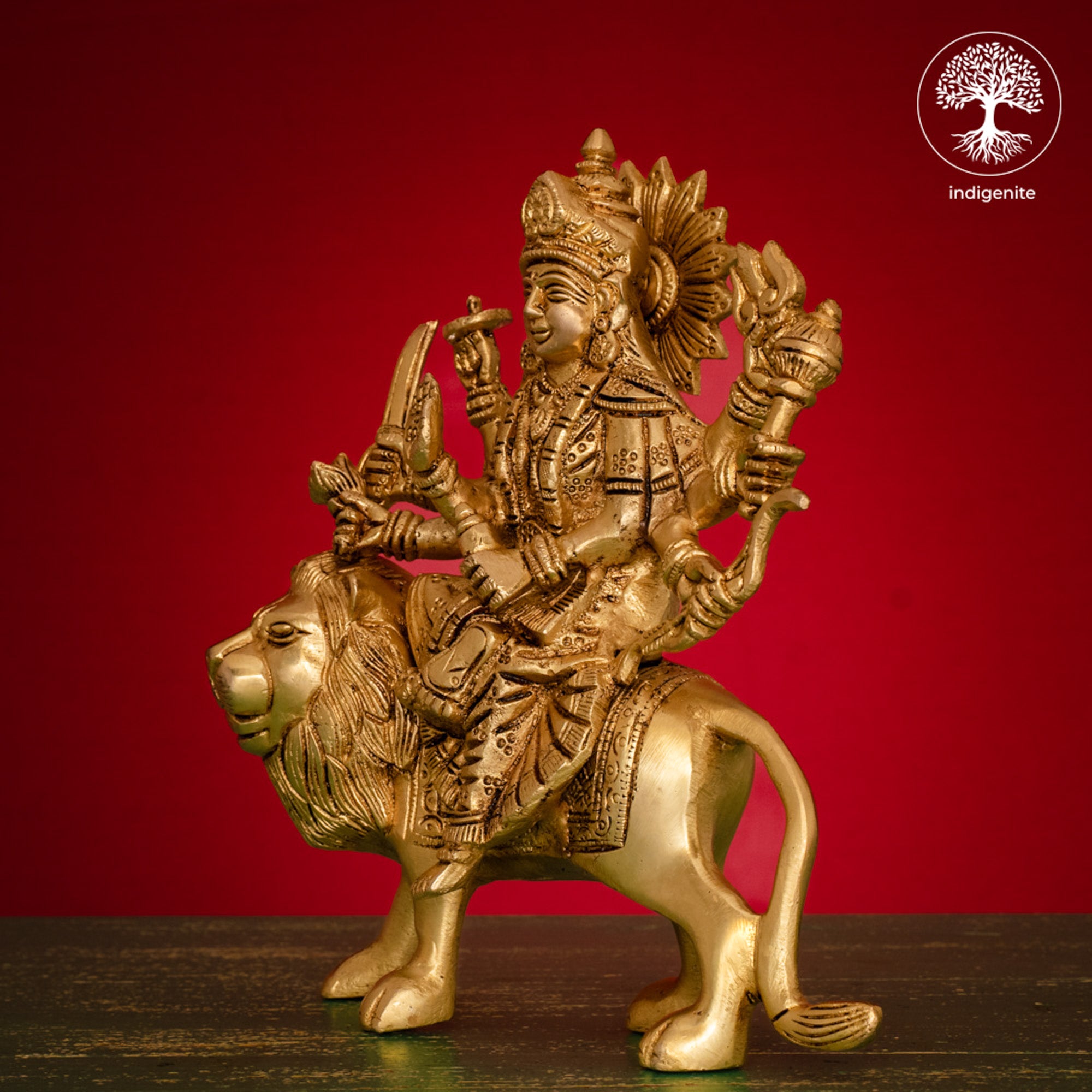 Goddess Durga Idol on Lion - Brass Statue | 8 Inch