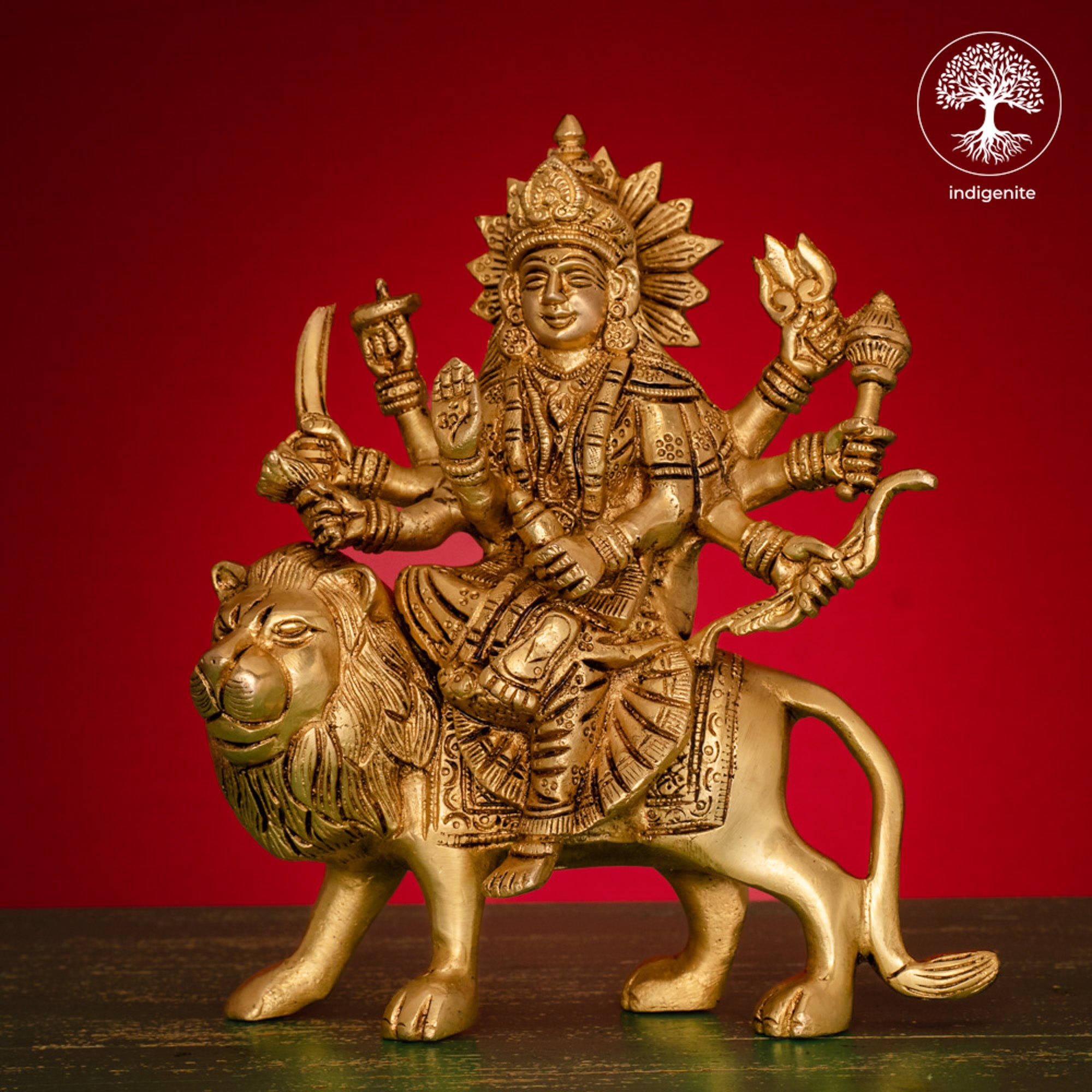 Goddess Durga Idol on Lion - Brass Statue | 8 Inch