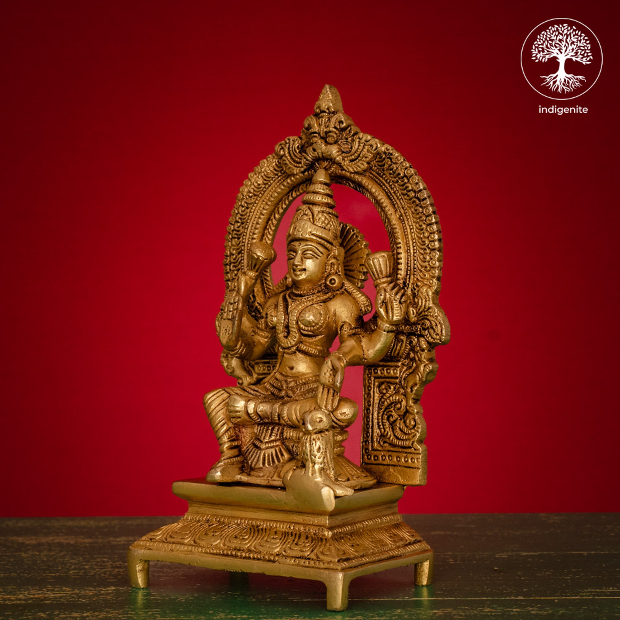 Goddess Lakshmi Idol Sitting on Singhasan- Brass Statue