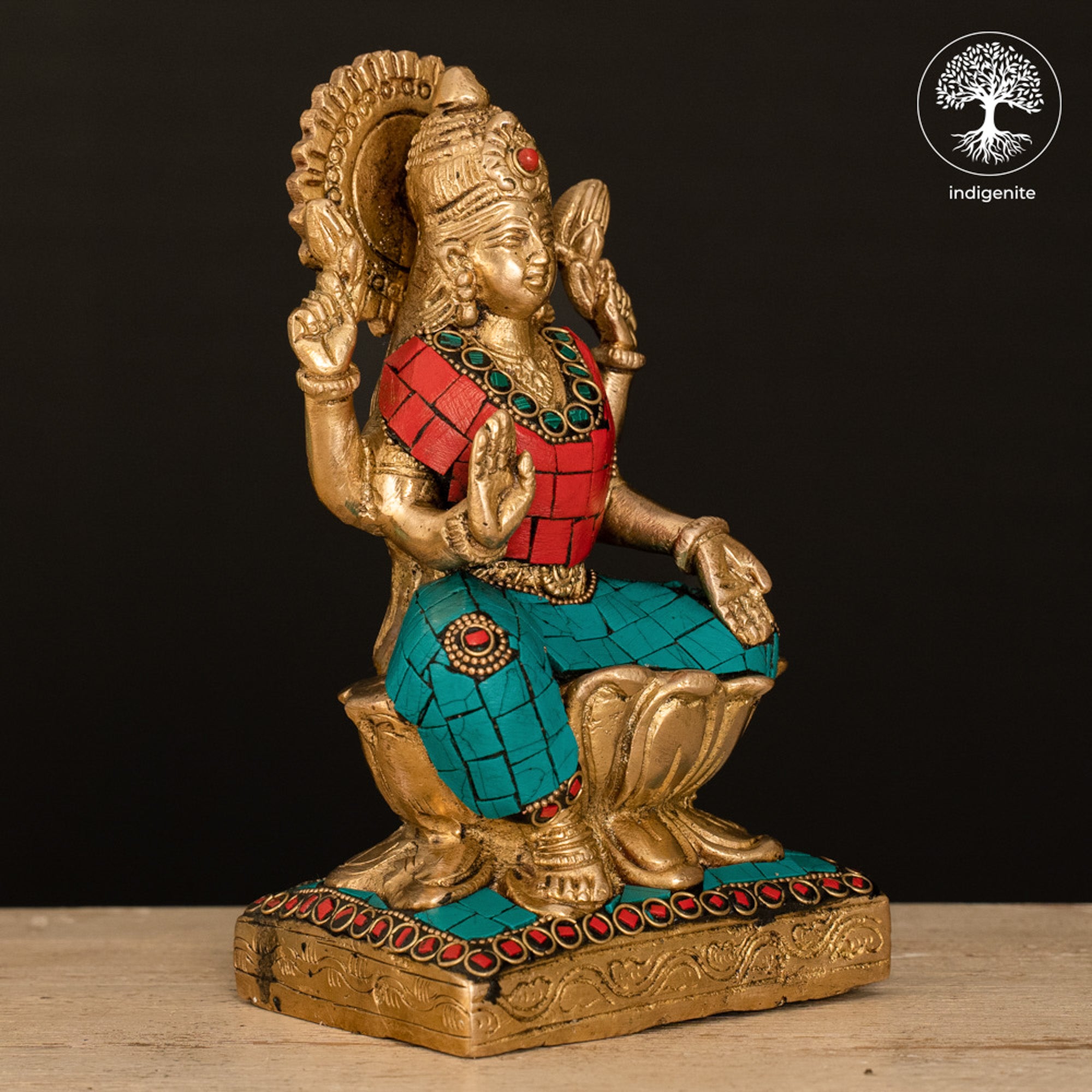 Goddess Lakshmi Idol on Lotus - Brass Statue with Stonework