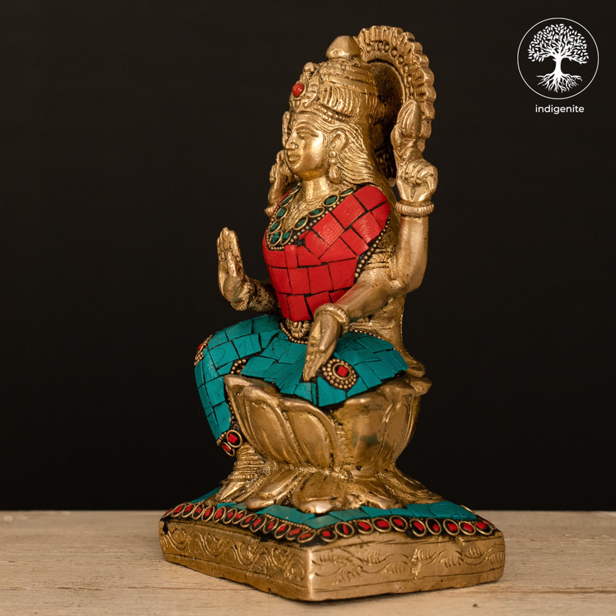 Goddess Lakshmi Idol on Lotus - Brass Statue with Stonework