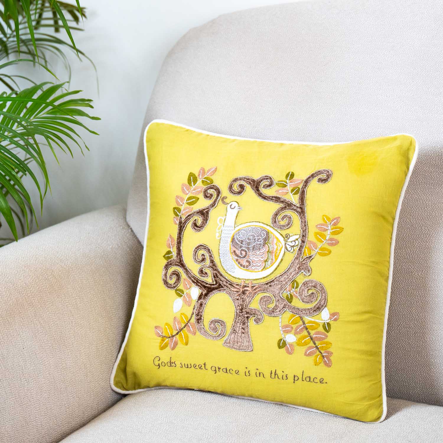 Graceful Bird Velvet Embroidered Cushion Cover