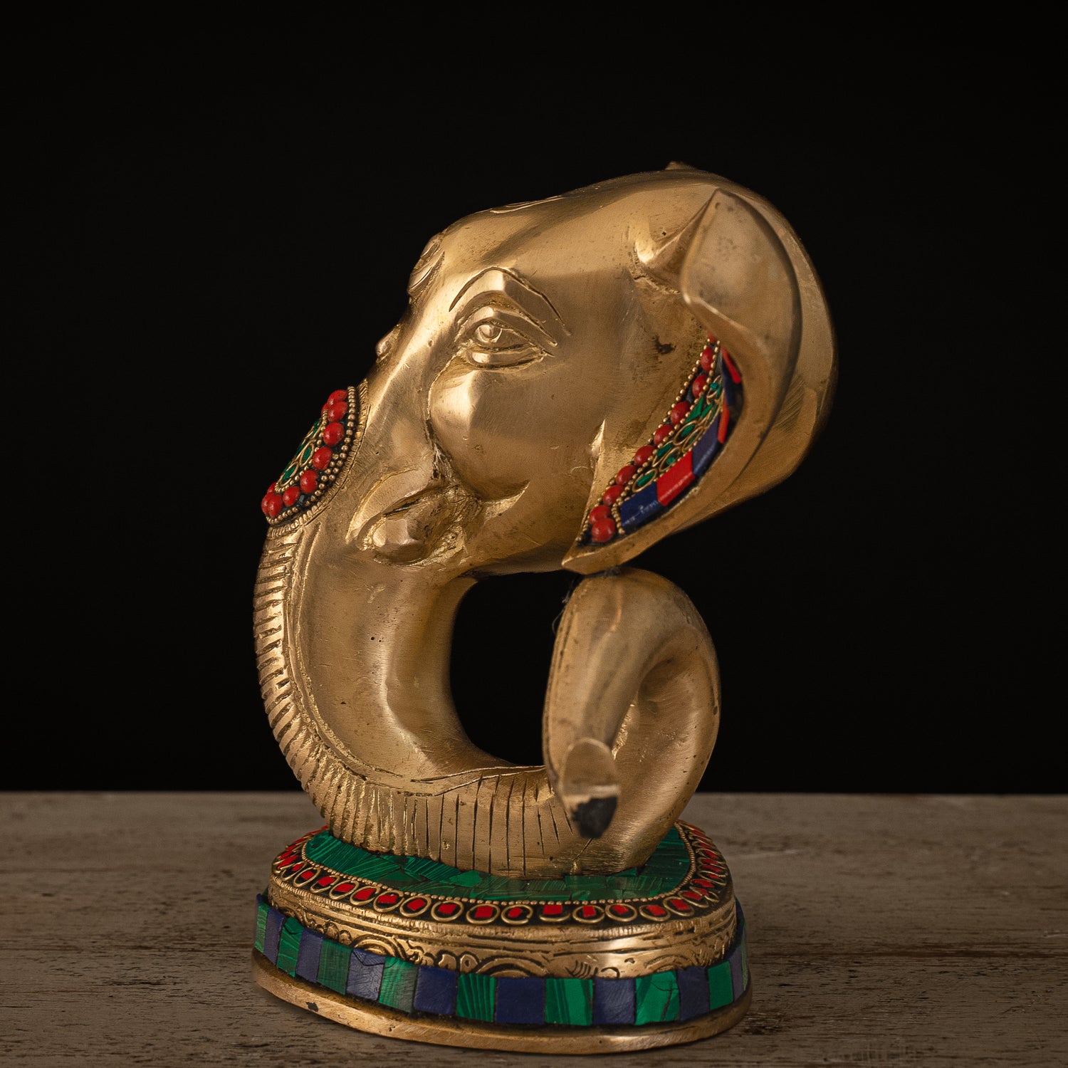 Modern Lord Ganesh Mukh Idol - Brass Staute with Stonework