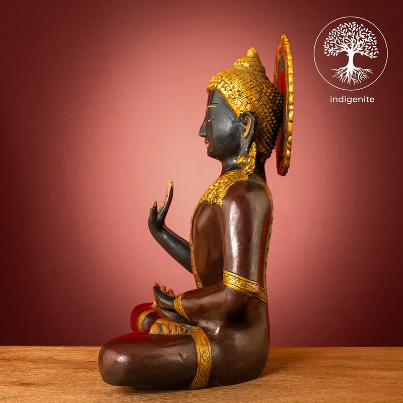 Lord Buddha Sitting In Abhaya Mudra - Brass Statue in Dark Green and Gold Hues