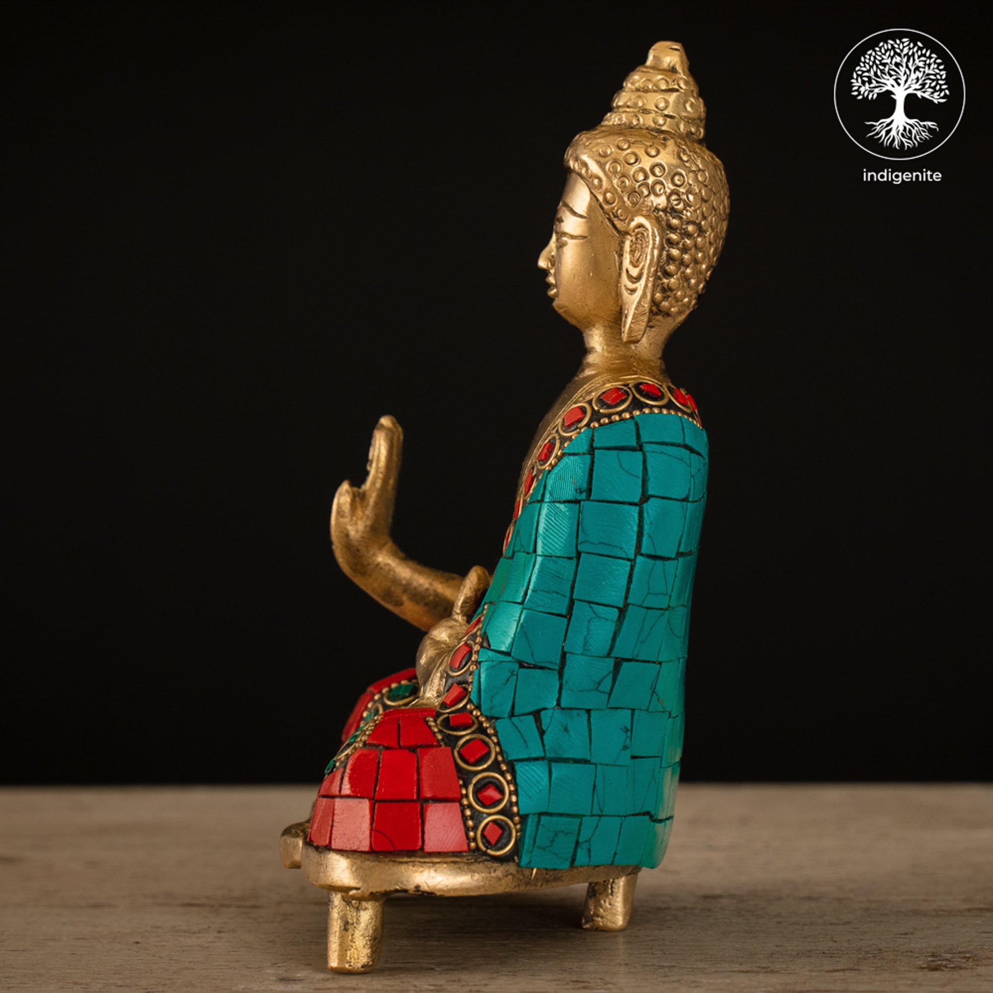 Lord Buddha Sitting In Abhaya Mudra - Brass Statue with Stonework