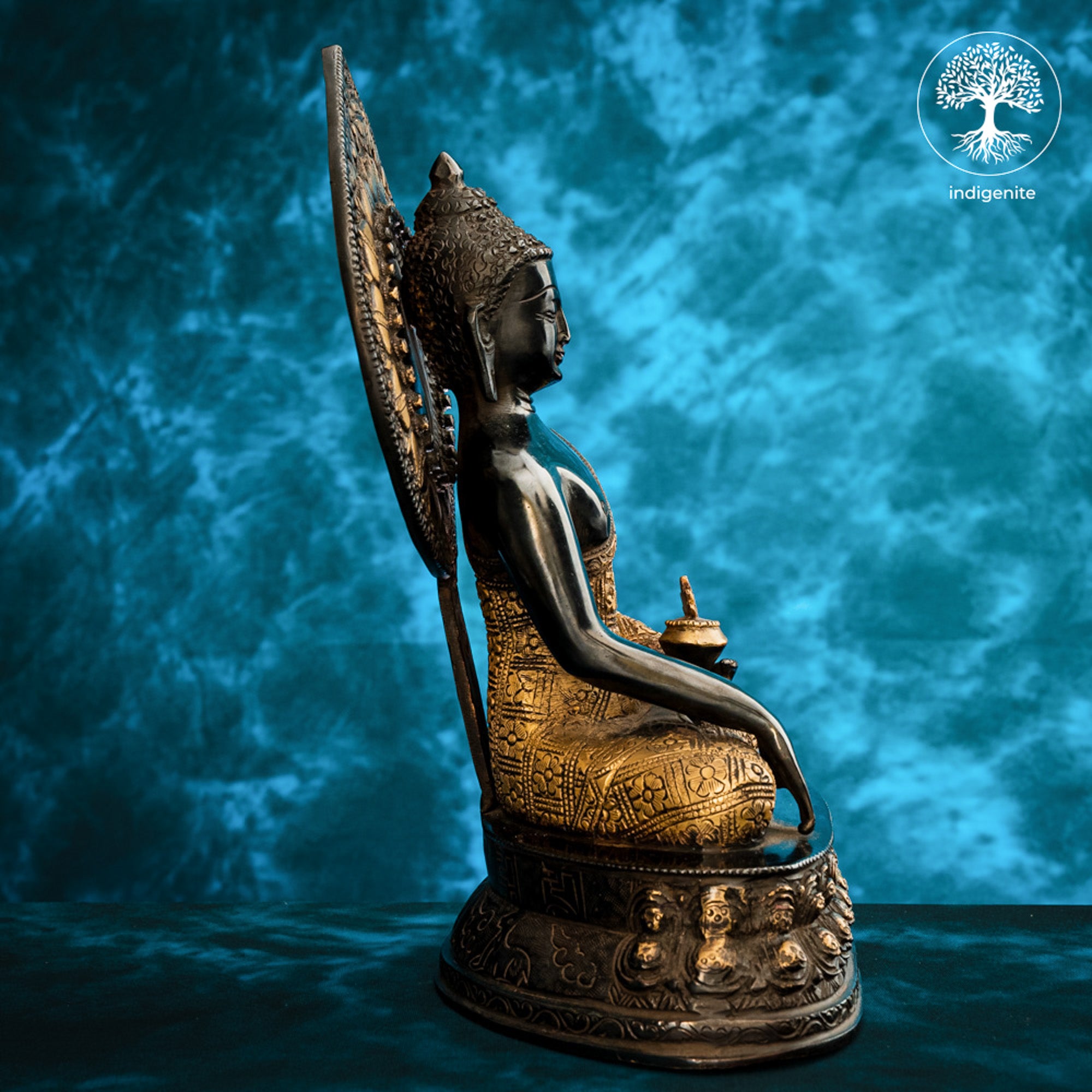 Lord Buddha Sitting In Bhumisparsha Mudra - Brass Statue in Black and Gold Hues