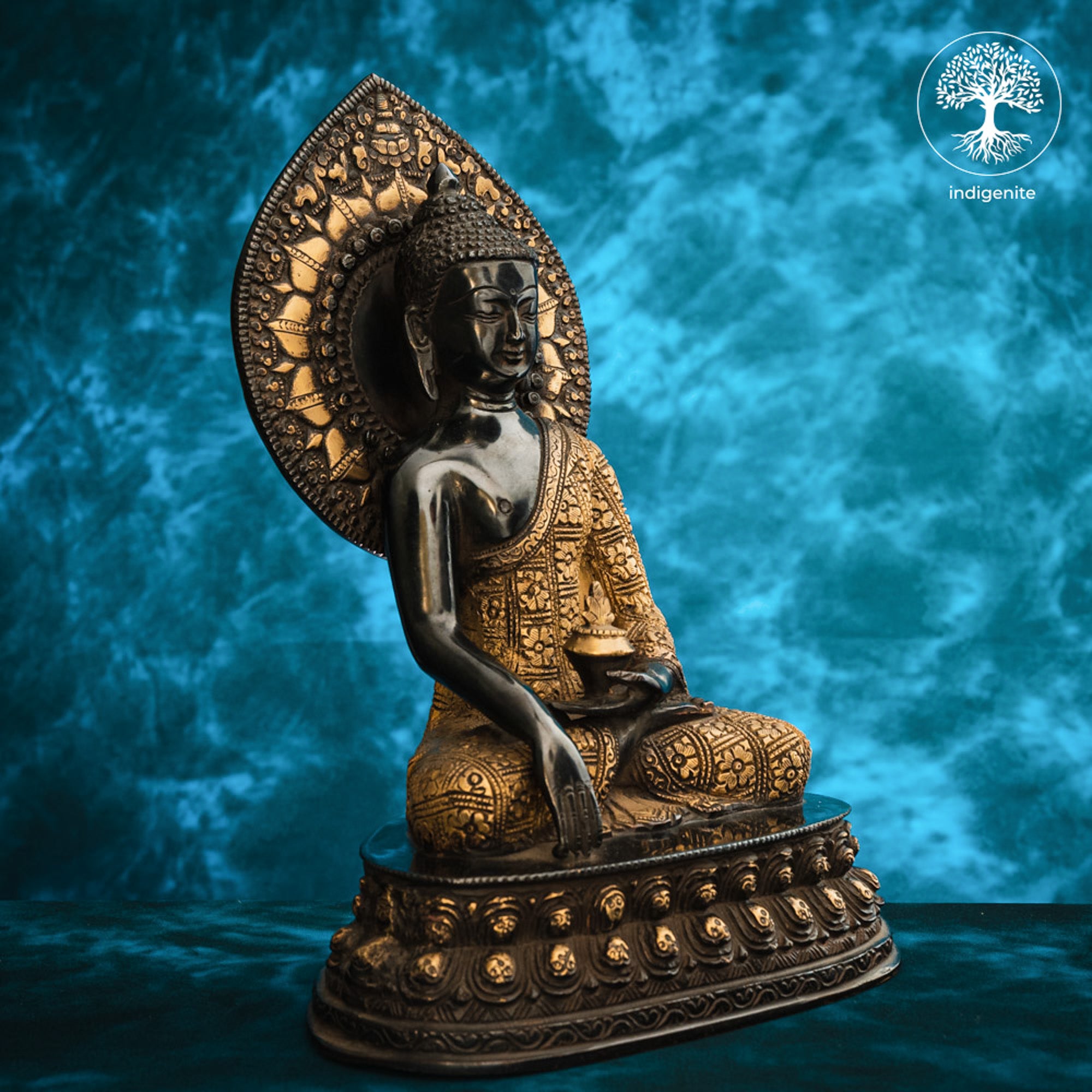 Lord Buddha Sitting In Bhumisparsha Mudra - Brass Statue in Black and Gold Hues