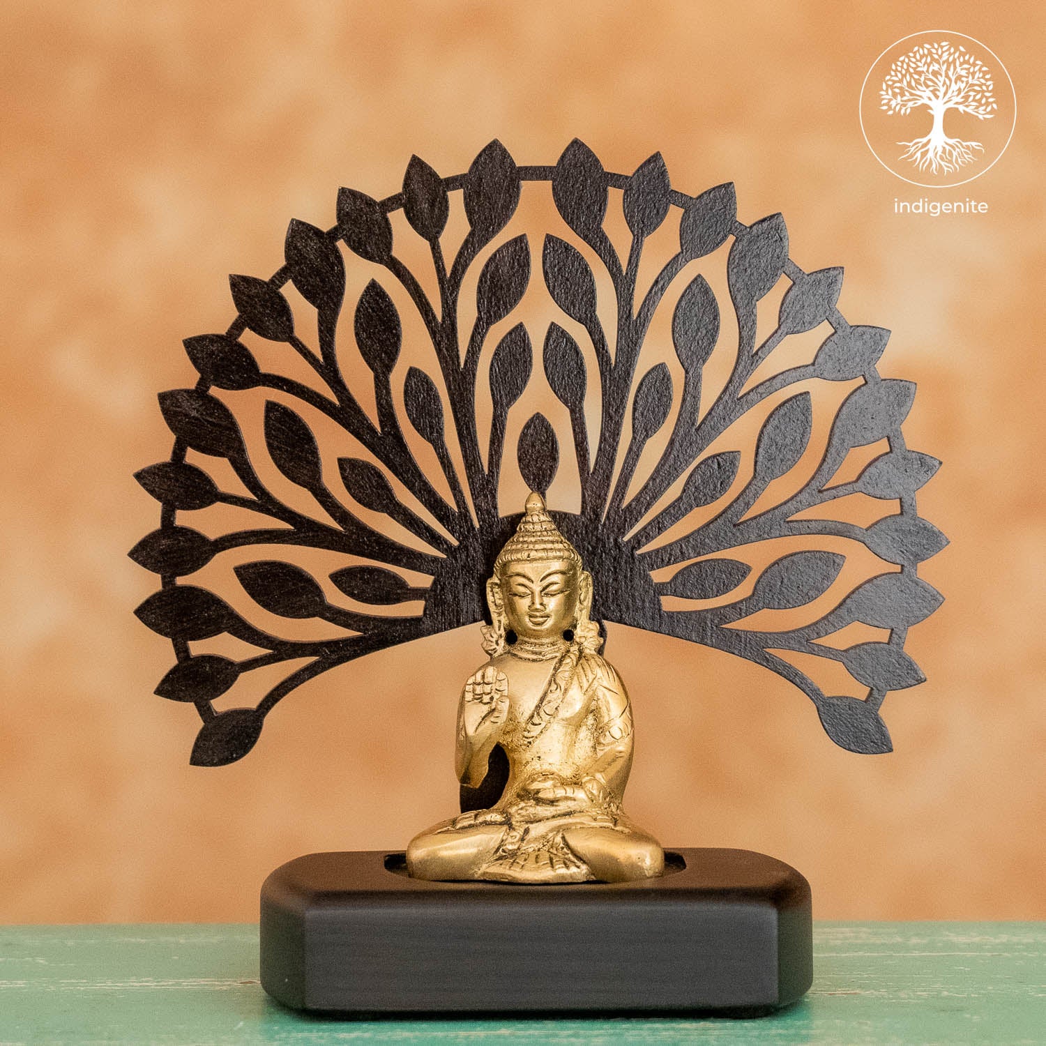 Lord Budhha Sitting Under Tree in Wooden Base - Brass Decorative
