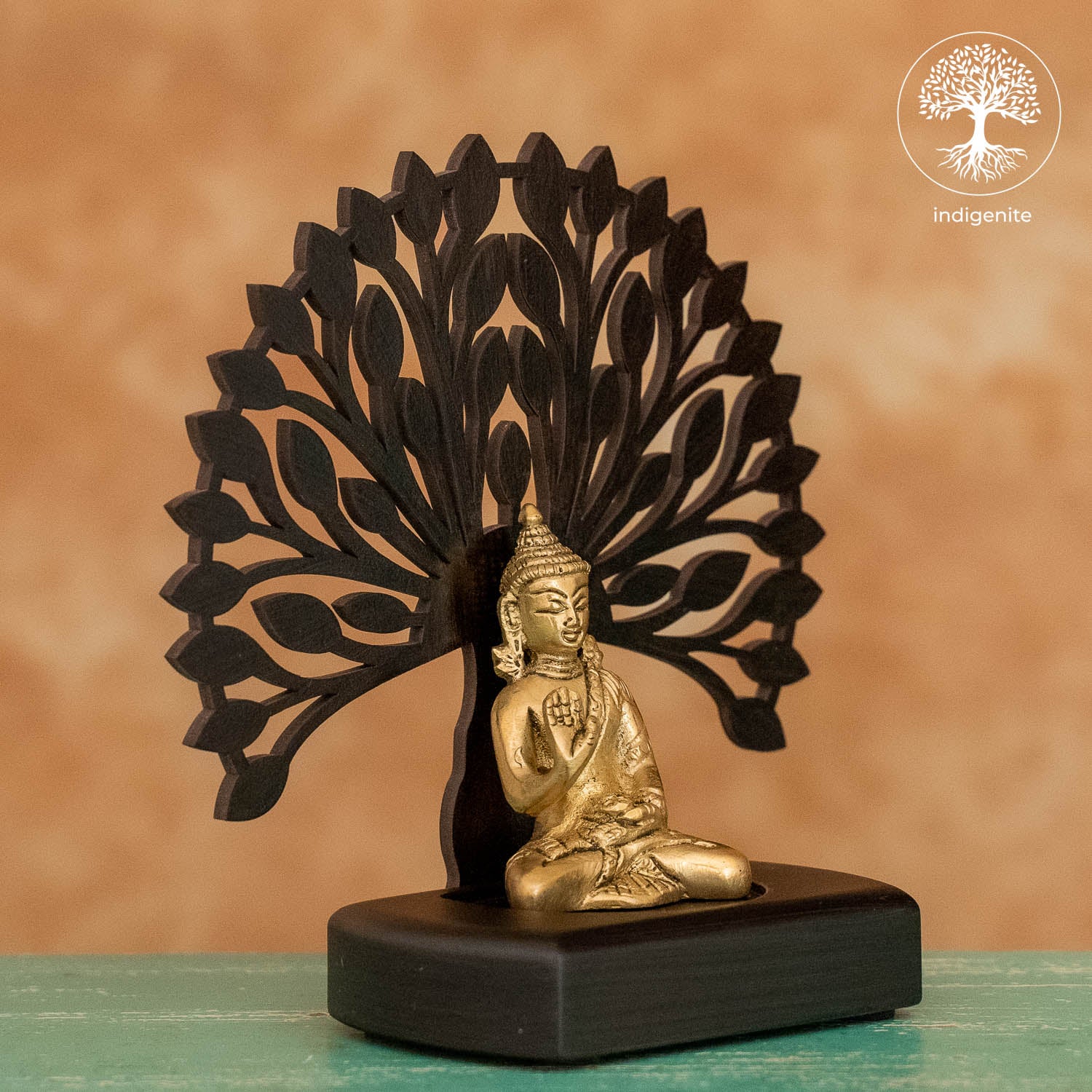 Lord Budhha Sitting Under Tree in Wooden Base - Brass Decorative
