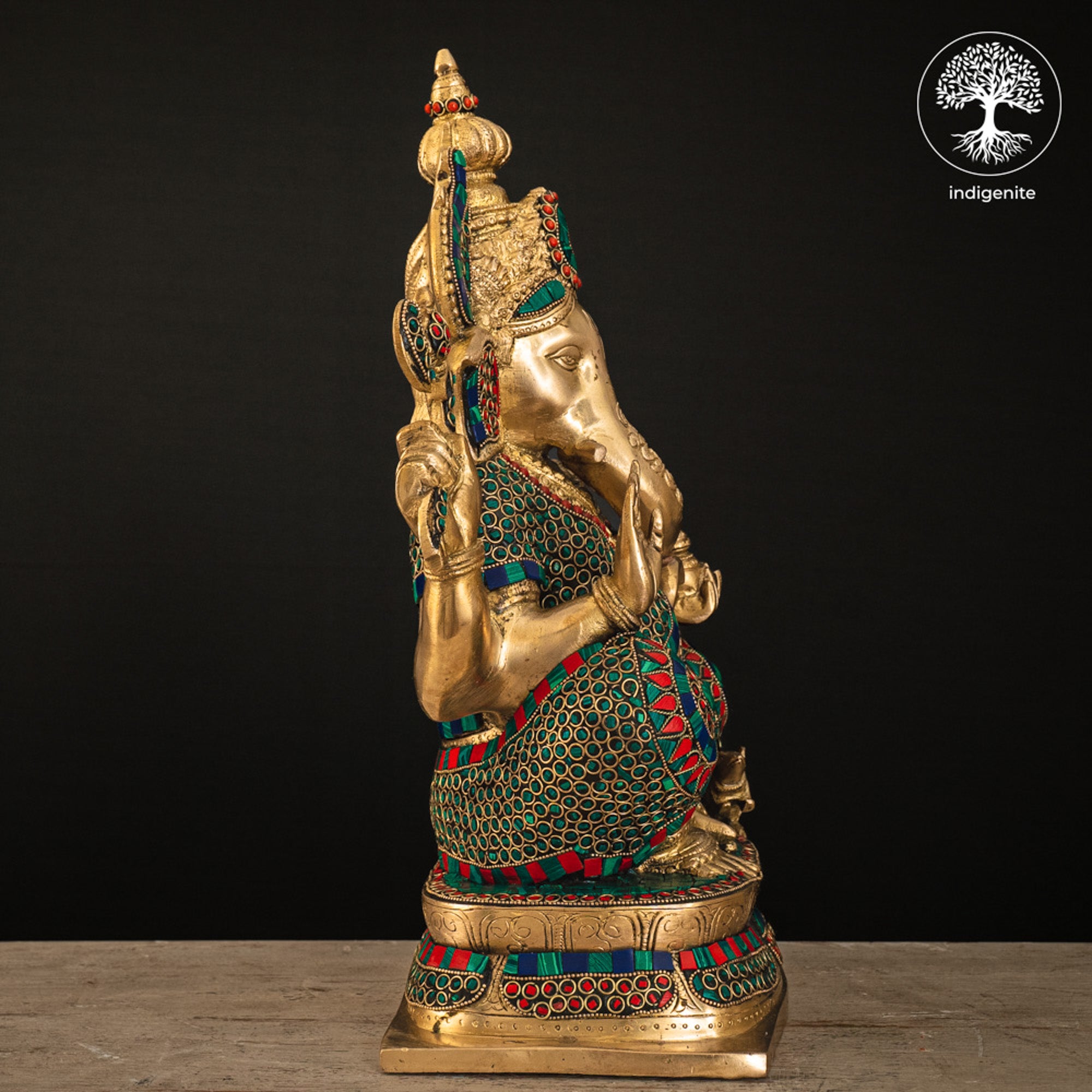 Lord Ganesh Idol - Brass Statue with Stonework