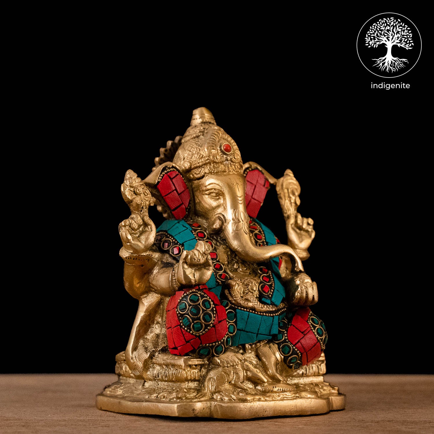 Lord Ganesh Idol Sitting - Brass Statue with Stonework