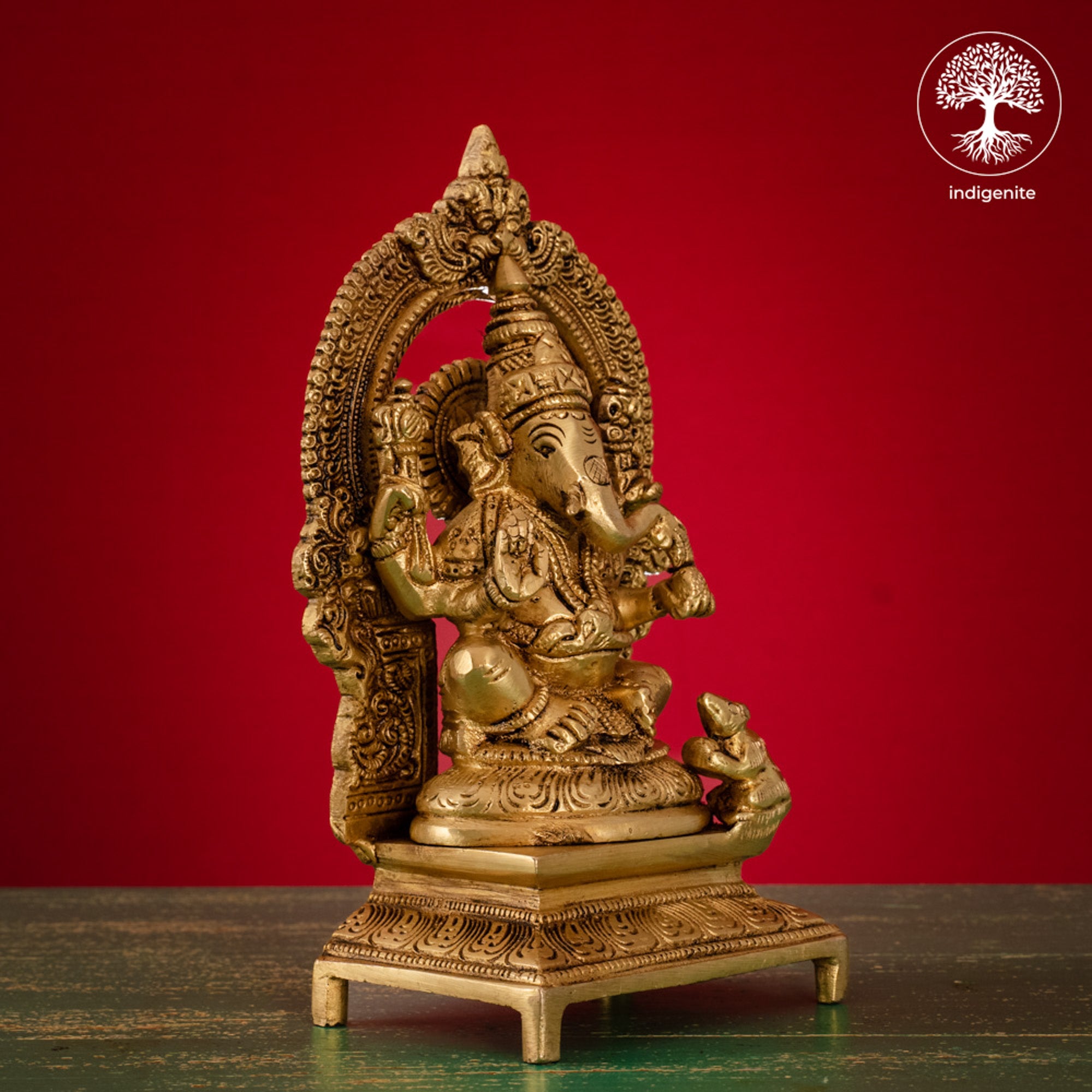 Lord Ganesh Idol Sitting on Singhasan - Brass Statue