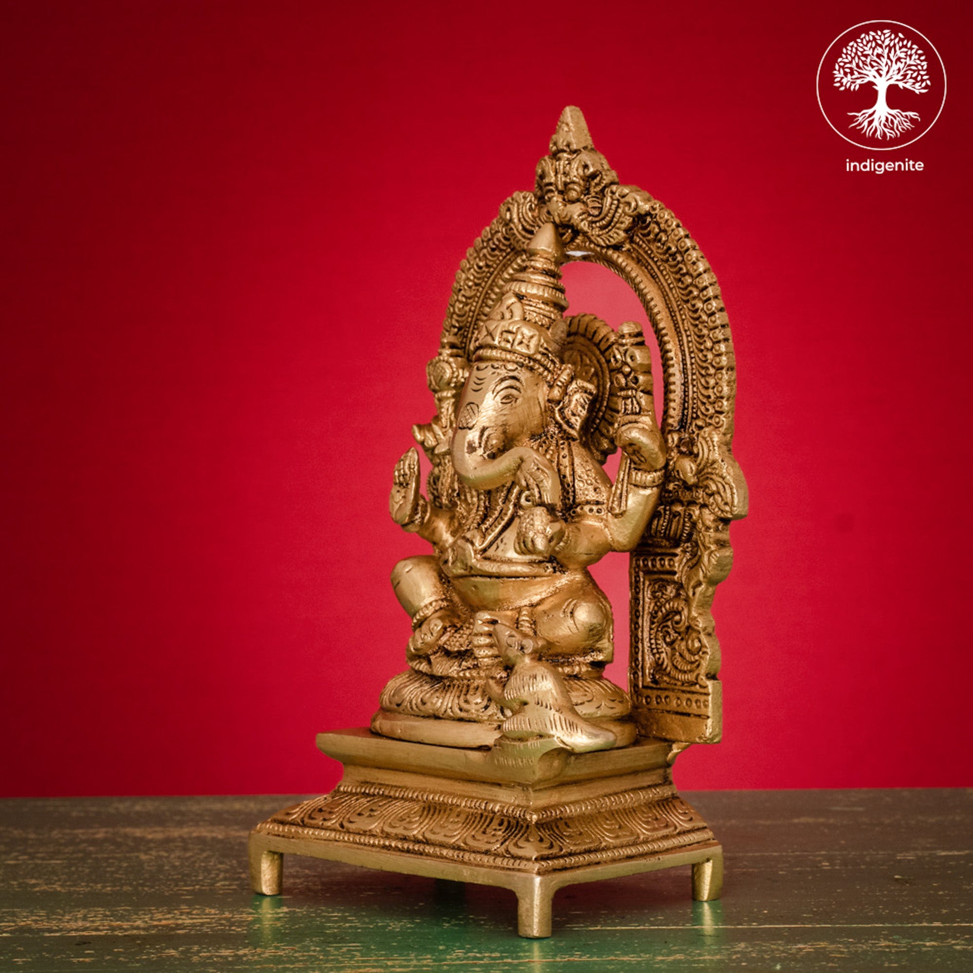 Lord Ganesh Idol Sitting on Singhasan - Brass Statue