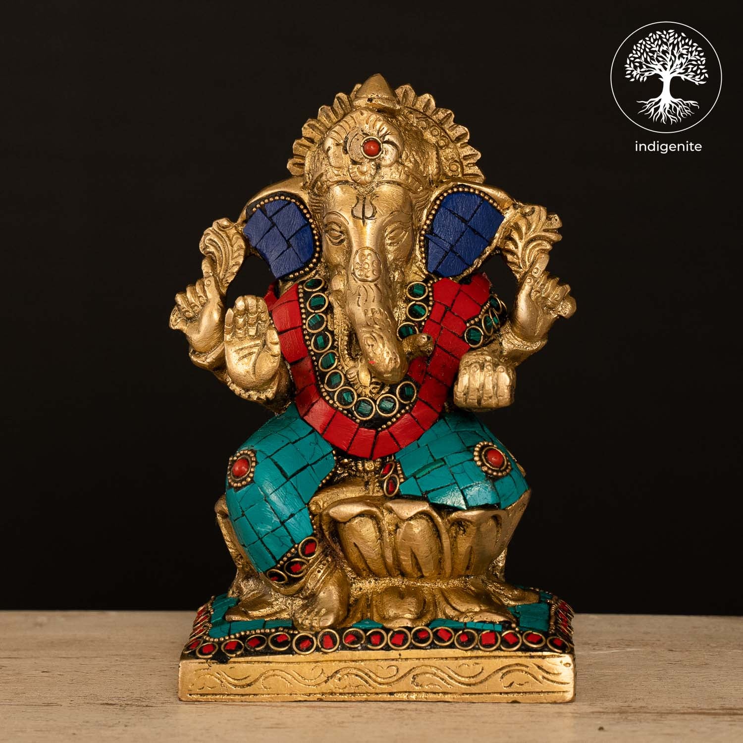 Lord Ganesh Idol on Lotus - Brass Statue with Stonework