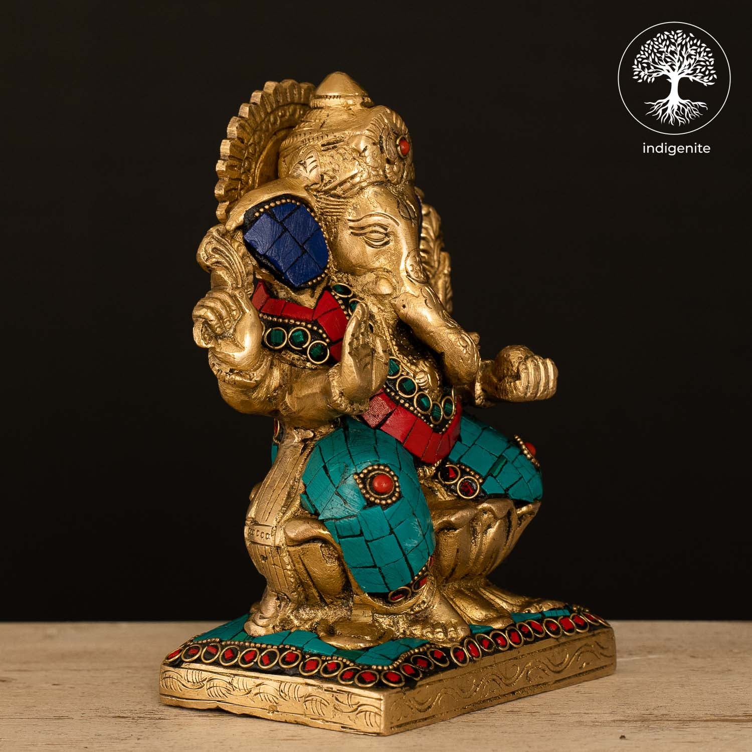 Lord Ganesh Idol on Lotus - Brass Statue with Stonework