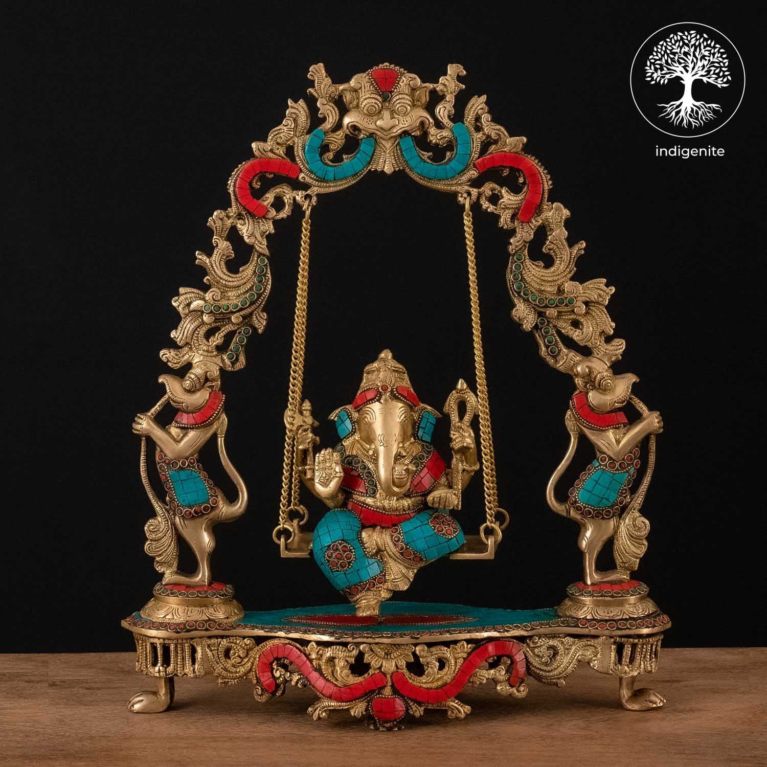 Lord Ganesh Idol on Swing - Brass Statue with Stonework