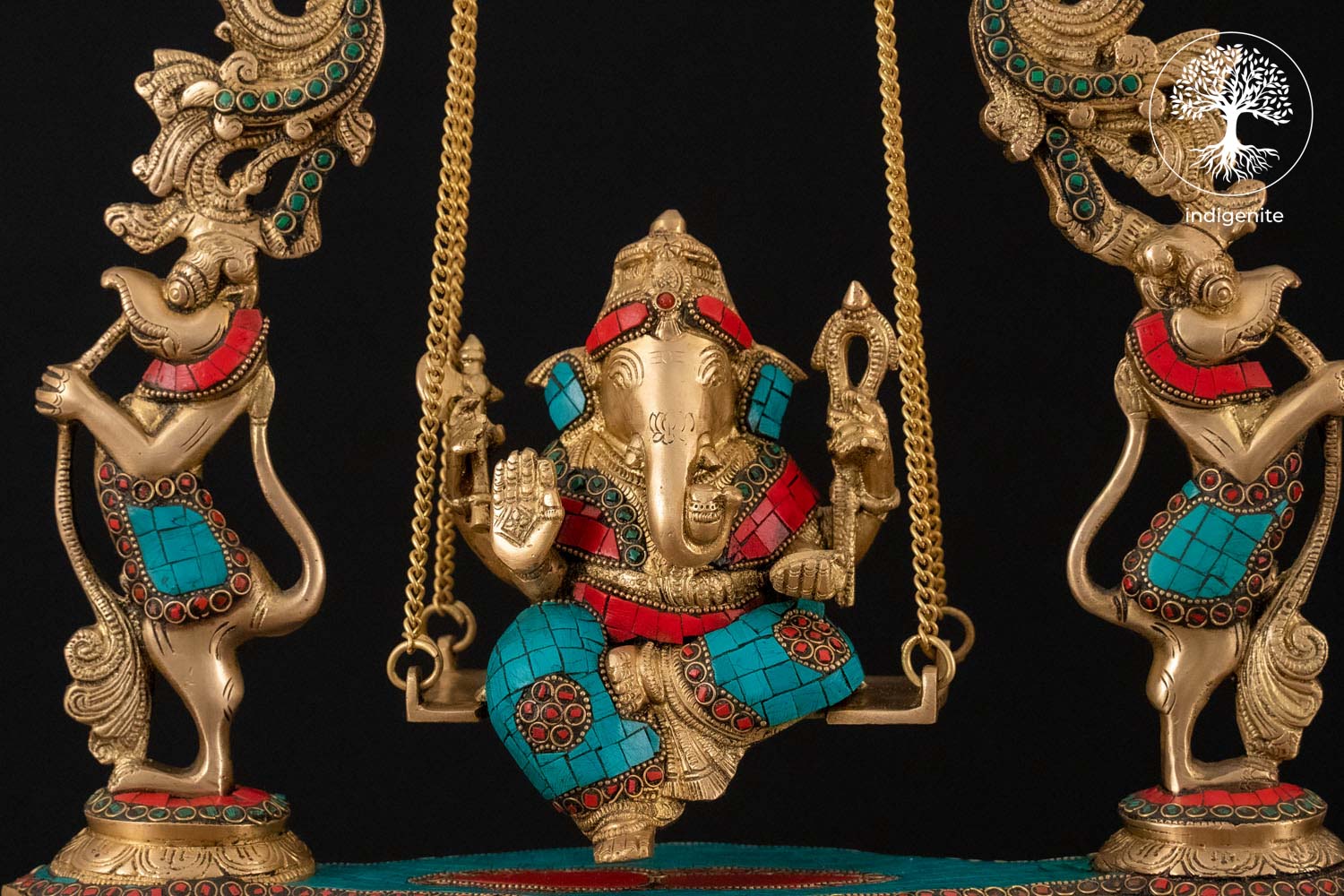 Lord Ganesh Idol on Swing - Brass Statue with Stonework