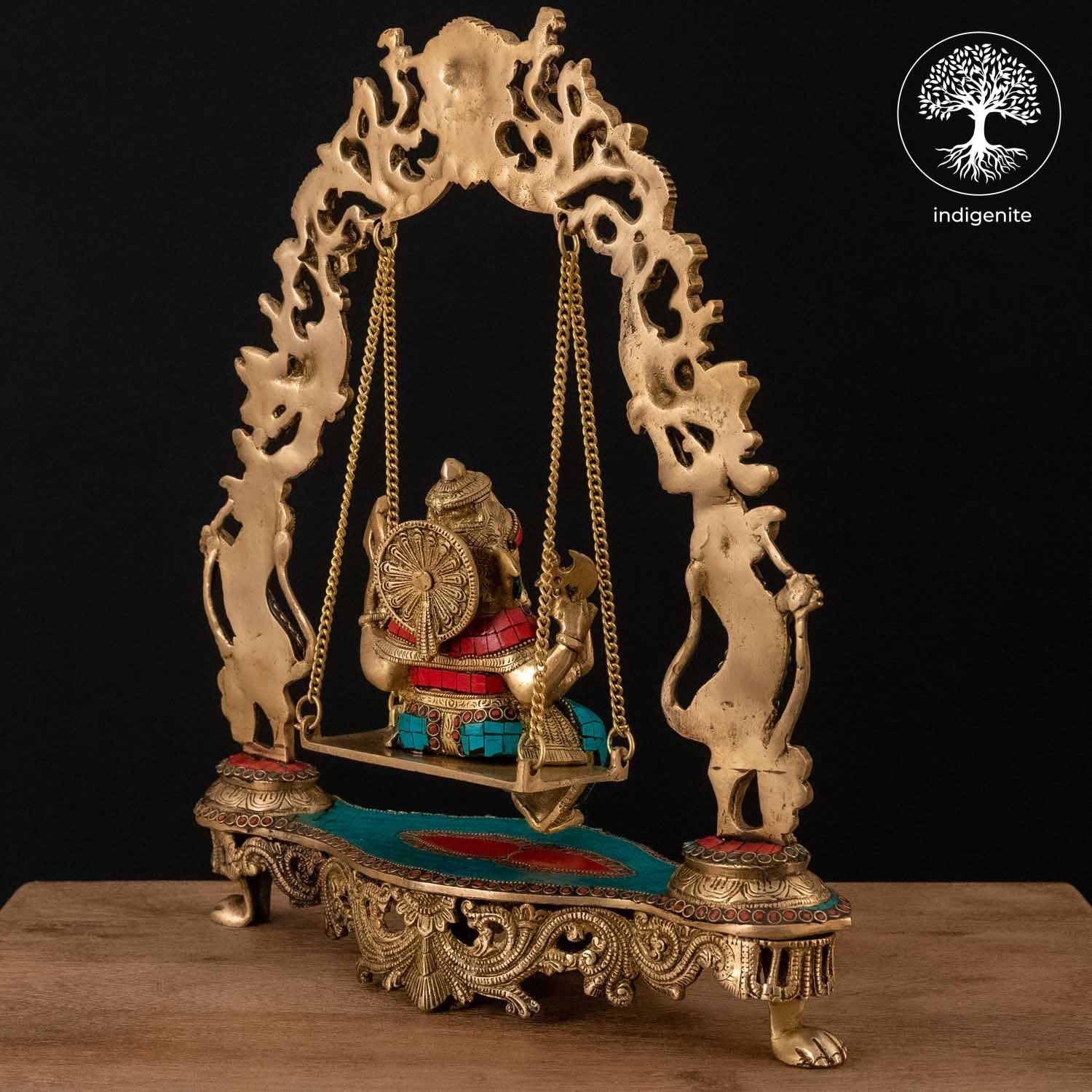 Lord Ganesh Idol on Swing - Brass Statue with Stonework