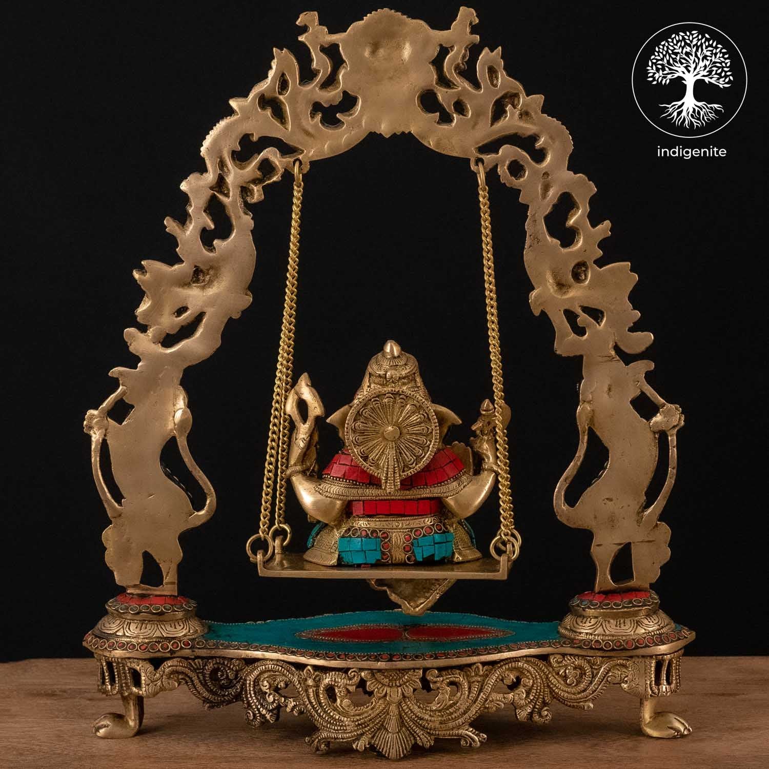 Lord Ganesh Idol on Swing - Brass Statue with Stonework