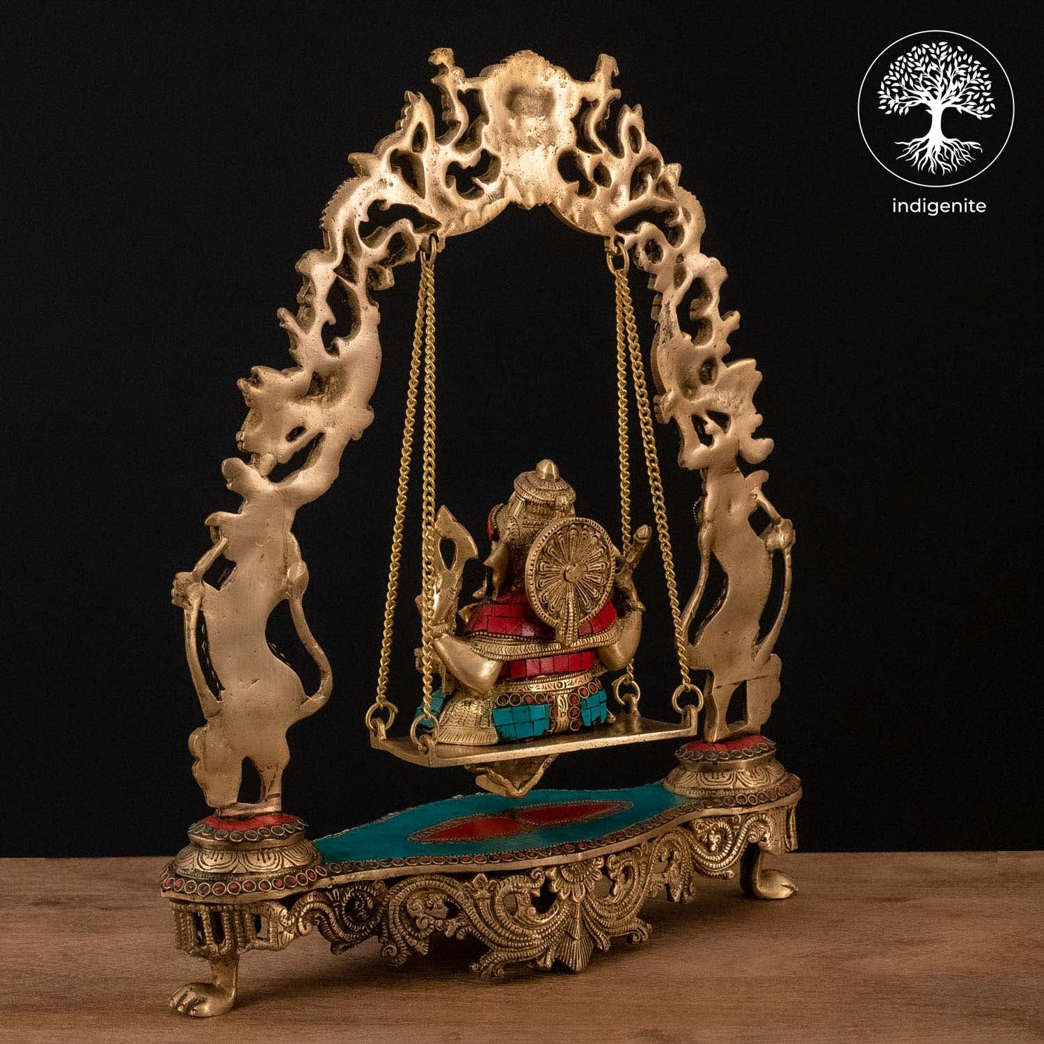 Lord Ganesh Idol on Swing - Brass Statue with Stonework