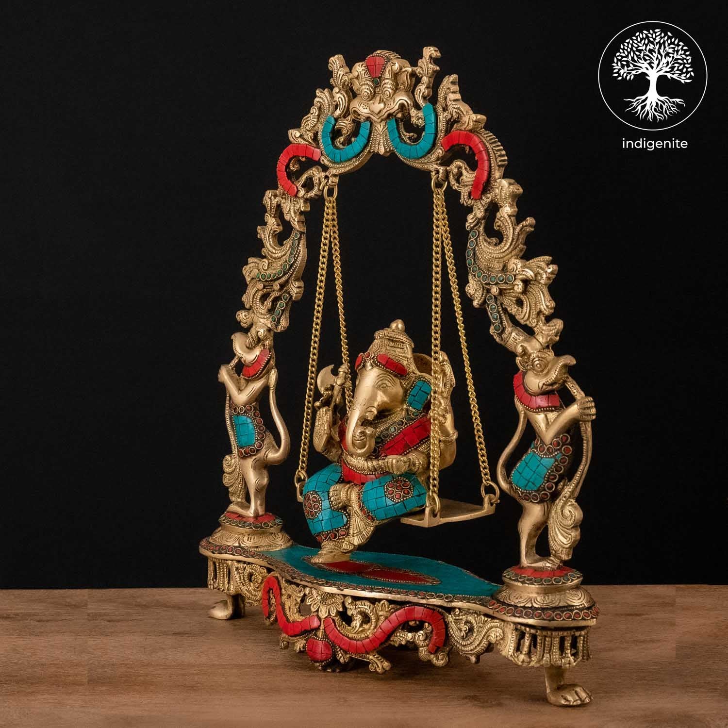 Lord Ganesh Idol on Swing - Brass Statue with Stonework