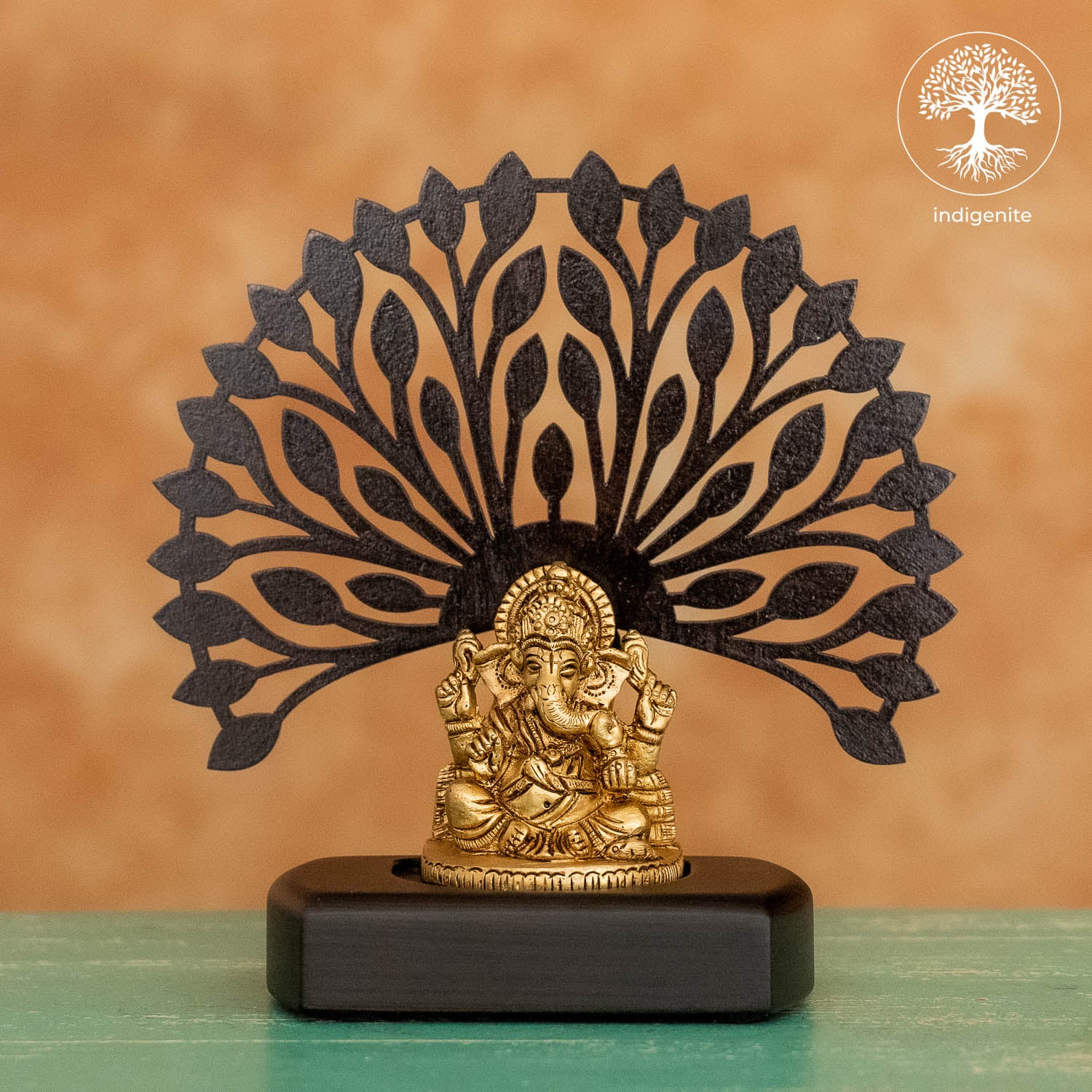 Lord Ganesh Sitting Under Tree in Wooden Base - Brass Decorative