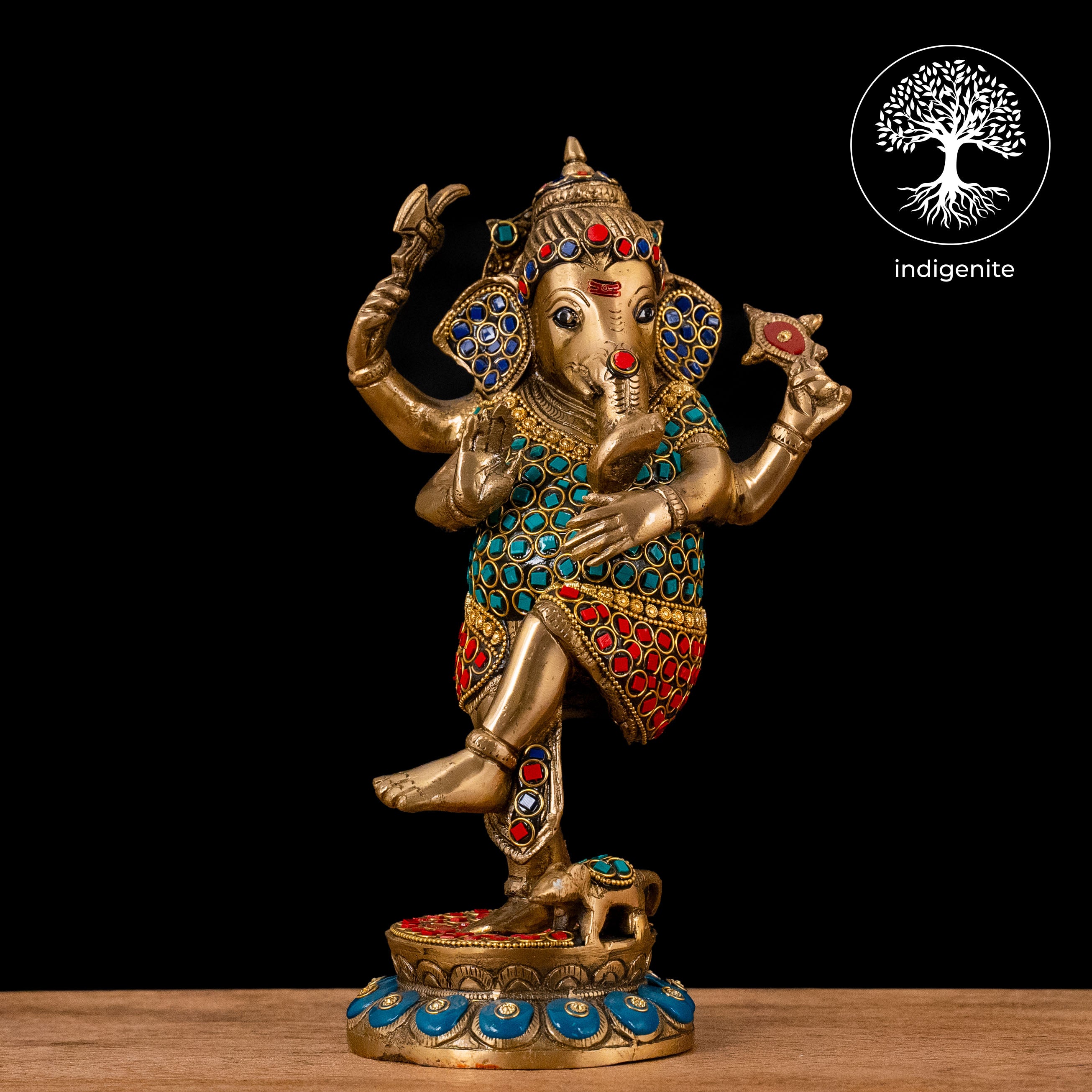 Lord Ganesh Standing - Brass Statue with Stonework