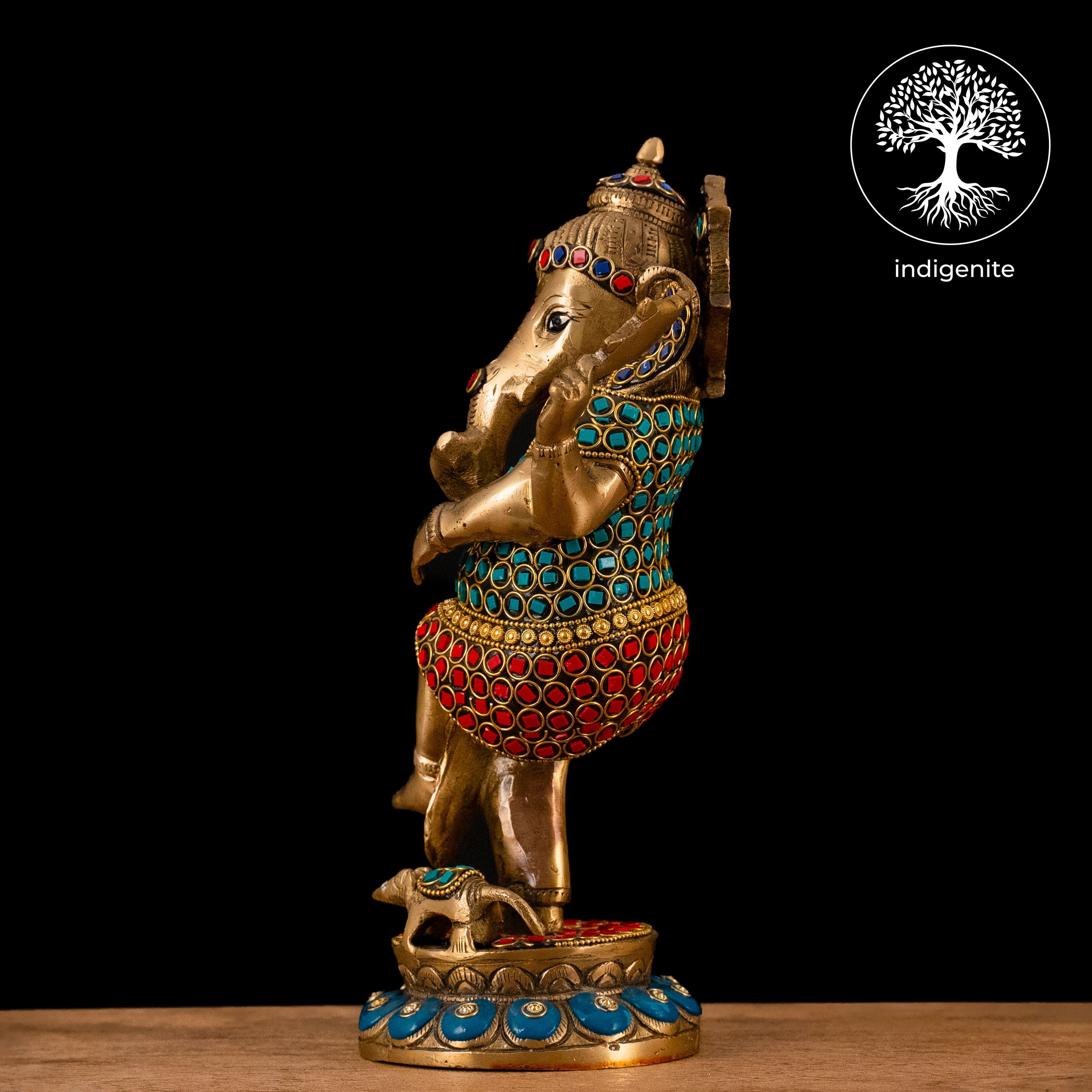 Lord Ganesh Standing - Brass Statue with Stonework