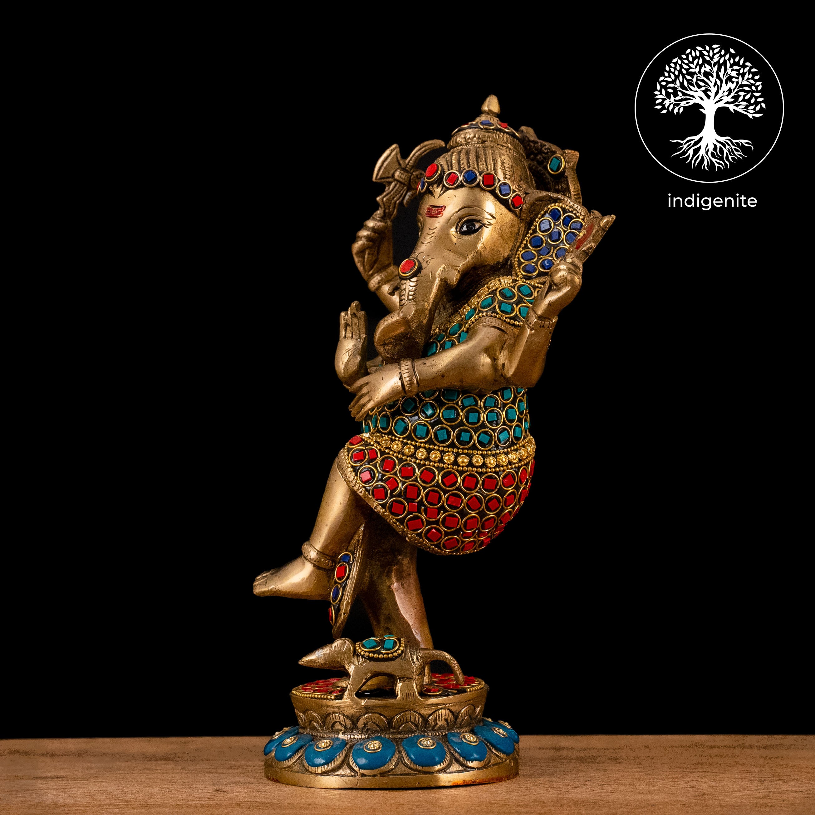 Lord Ganesh Standing - Brass Statue with Stonework