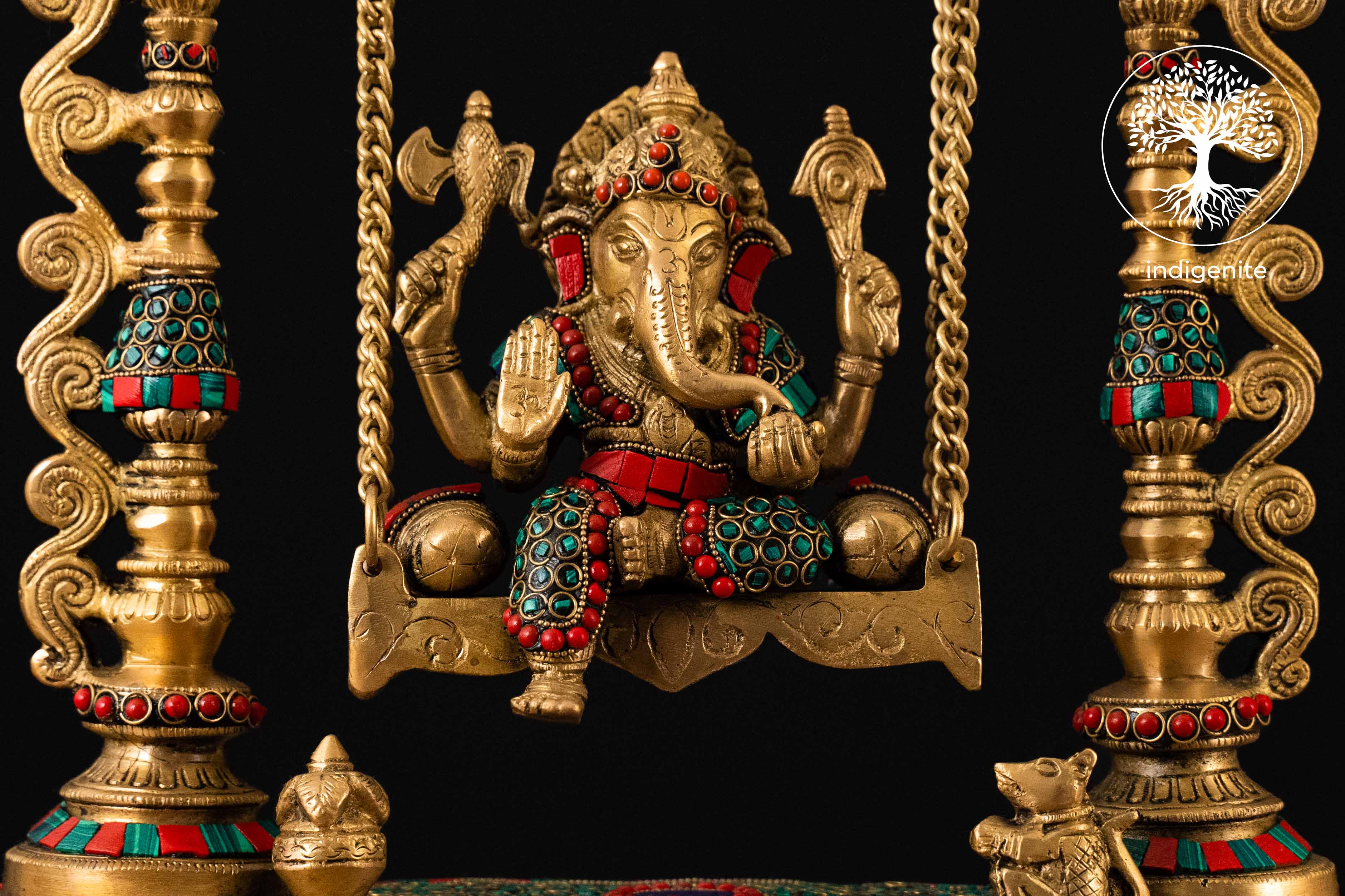 Lord Ganesh on Swing - Brass Statue with Stonework