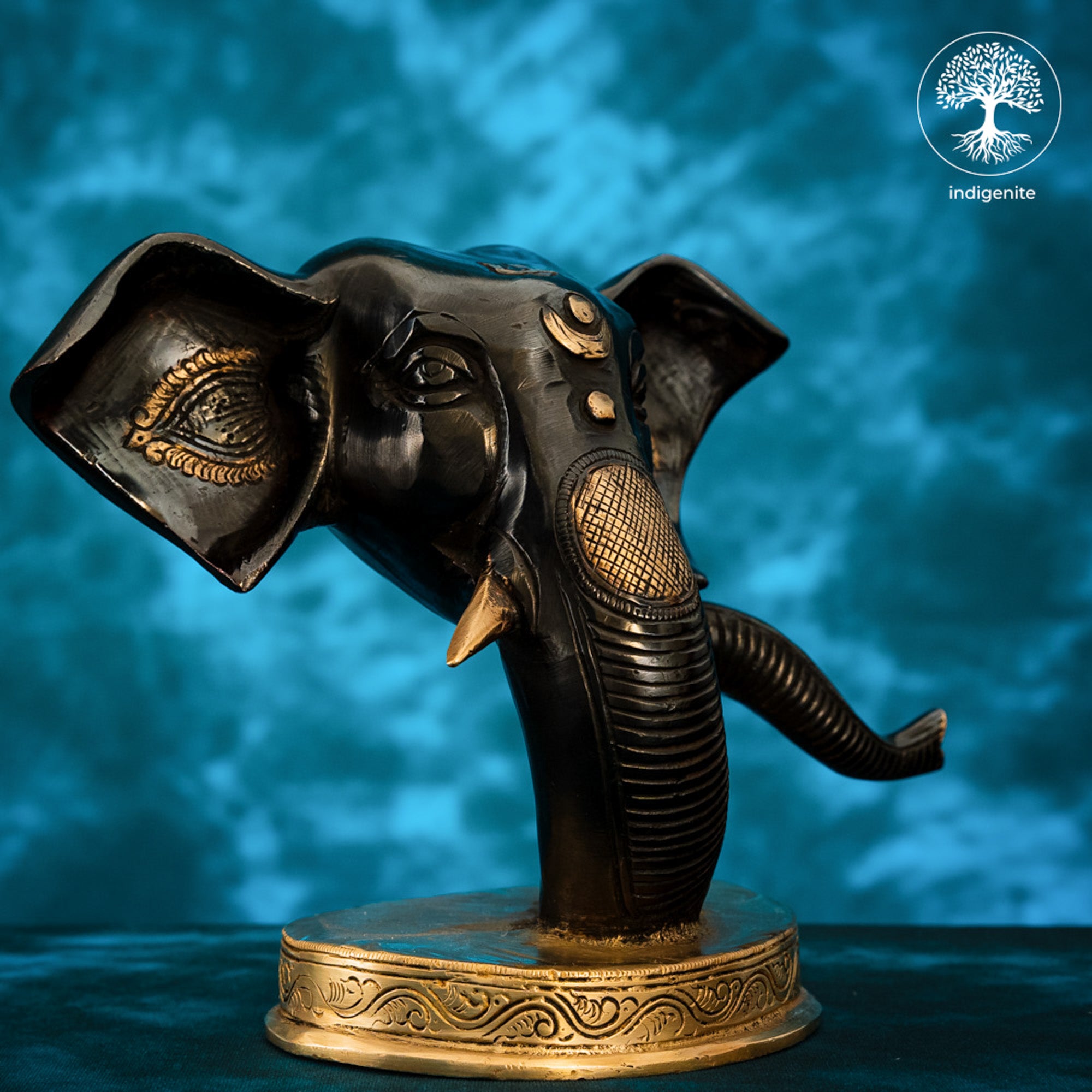 Modern Lord Ganesh Mukh Idol - Brass Staute in Black and Gold Hues