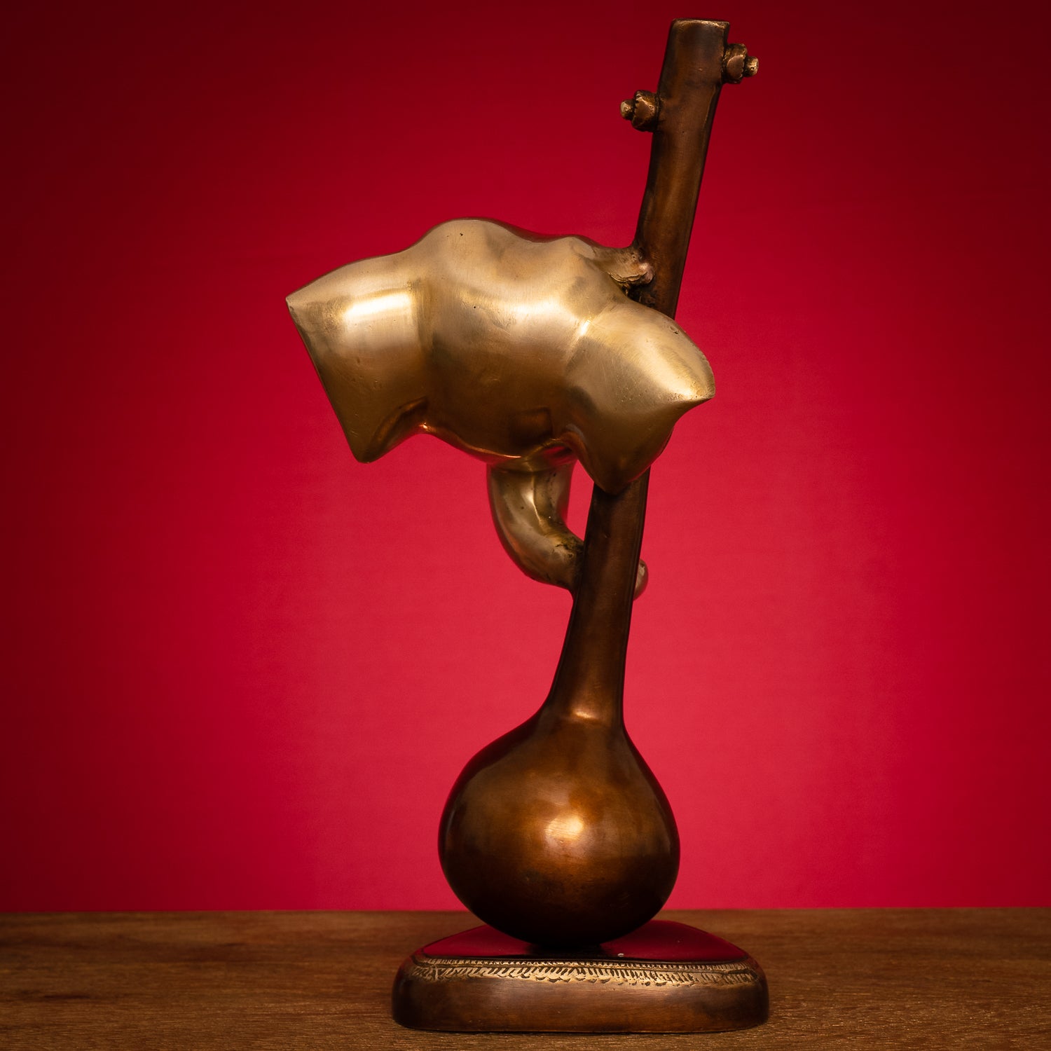 Modern Lord Ganesh Mukh with Veena Idol - Brass Staute in Brown and Gold Hues