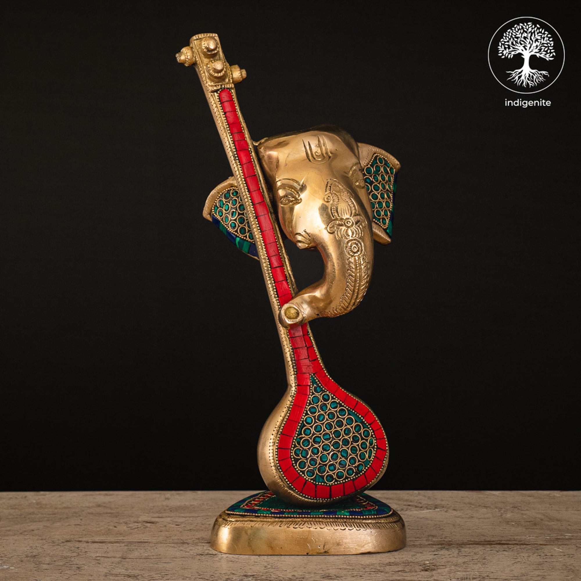Modern Lord Ganesh Mukh with Veena Idol - Brass Staute with Stonework