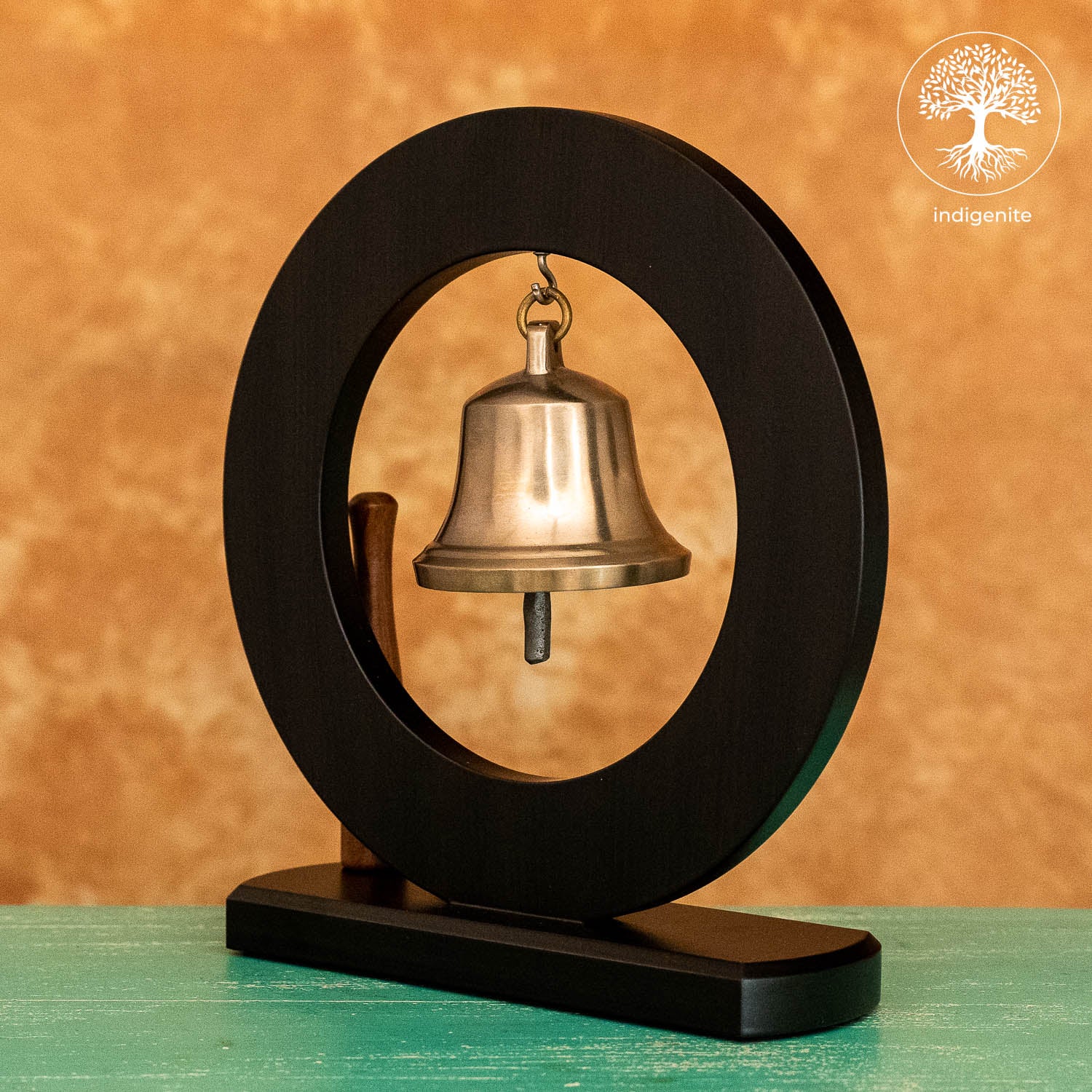 Om Bell in Wooden Base - Brass Decorative
