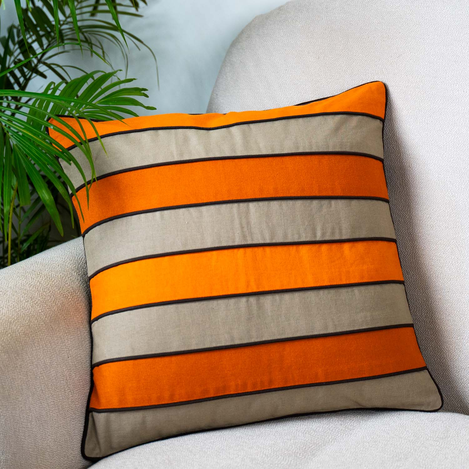 Orange & Beige Striped Cushion Cover (Set of 2)