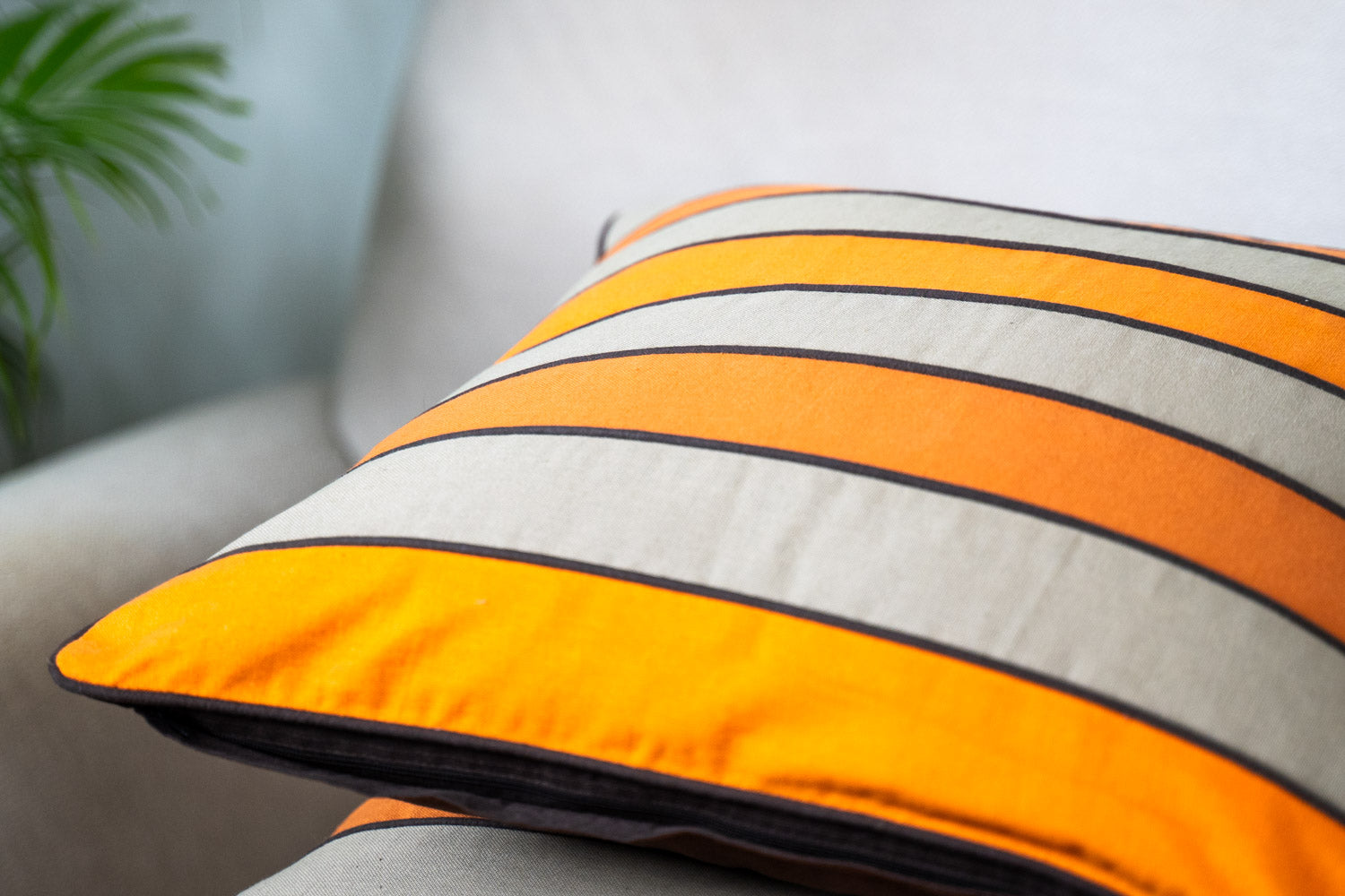 Orange & Beige Striped Cushion Cover (Set of 2)